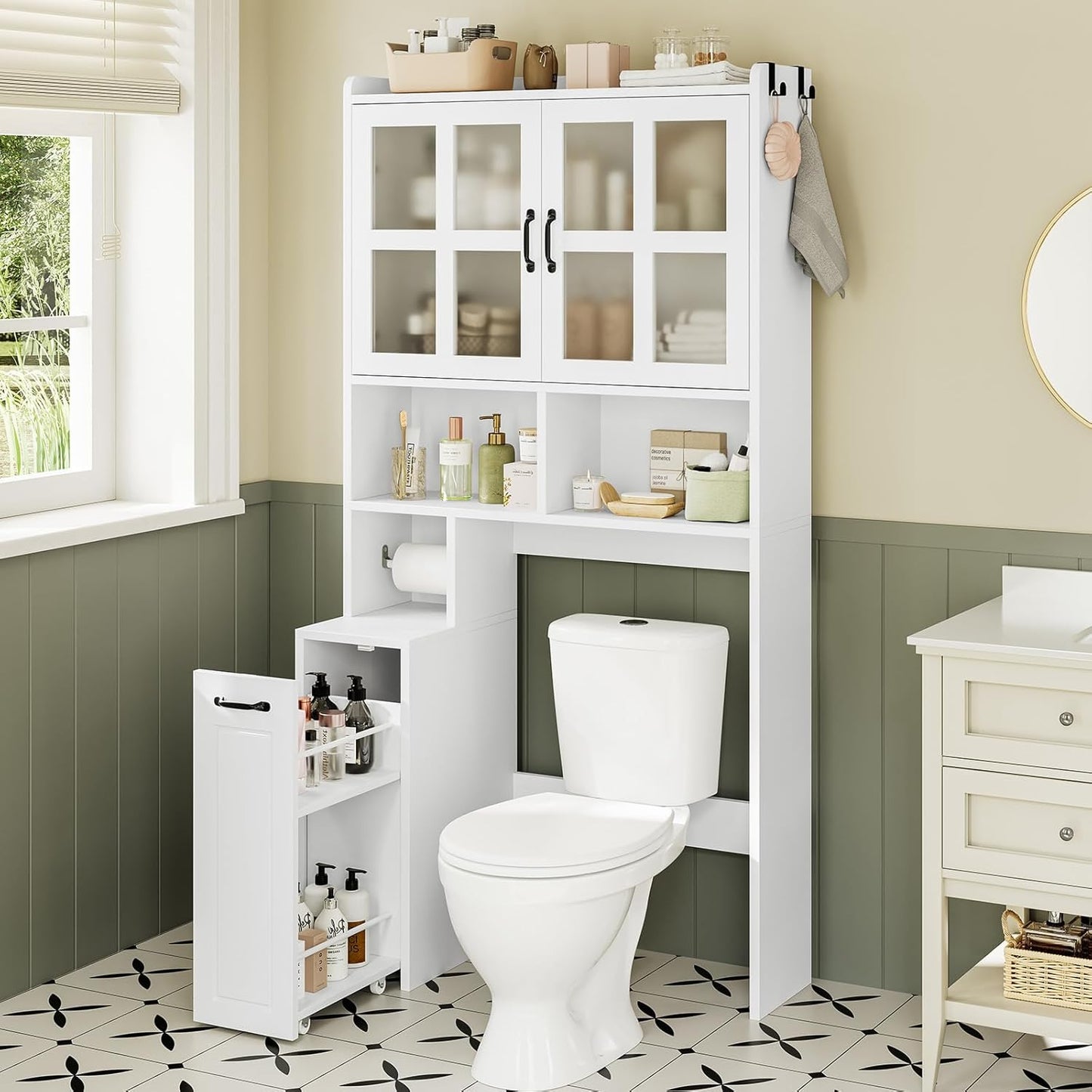 Over The Toilet Storage Cabinet with Pulley Small Bathroom Storage Cabinet, Space Saver W/Adjustable Shelf & Open Shelf for Bathroom, Restroom, Laundry (White)