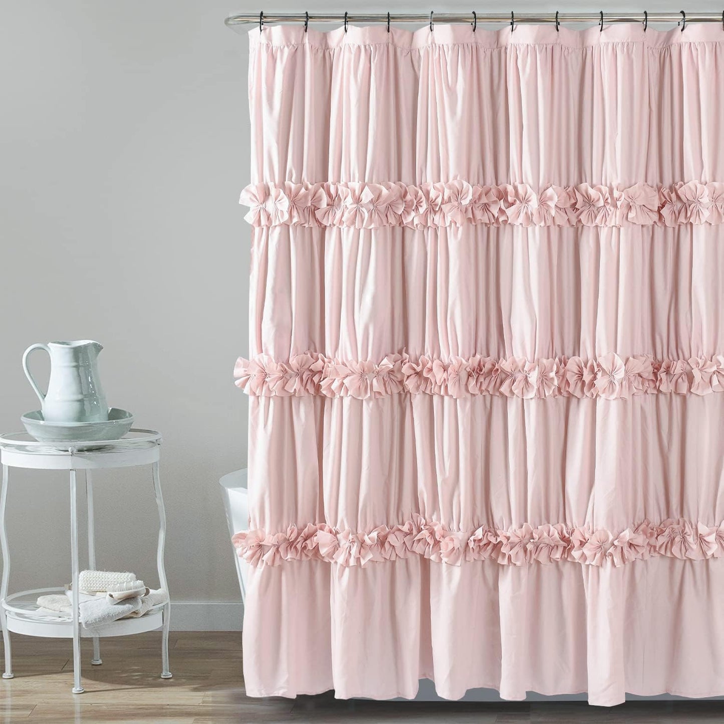 Victorian Ruffle Shower Curtain, Vintage Handcrafted Bow Tie Bath Curtain for Master Bathroom, Ruched Microfiber Bathroom Curtain with 12 Buttonholes, 72" W x 84" H, White (LQ-10)