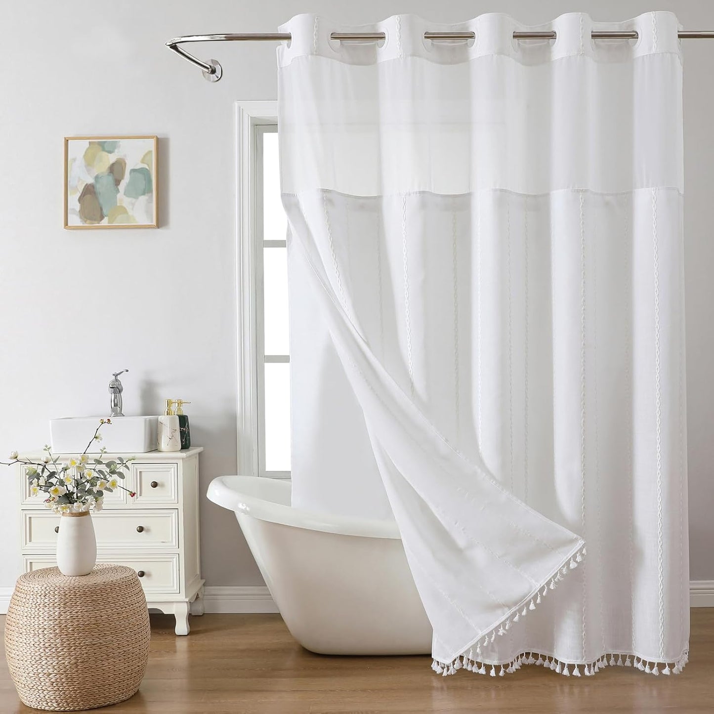 Boho Farmhouse No Hook Shower Curtain Set with Snap-in Fabric Liner,Heavy-Duty Linen Textured Rustic Striped Design,Water-Repellent with Tassels and Sheer Window,Cream/Beige,71x74