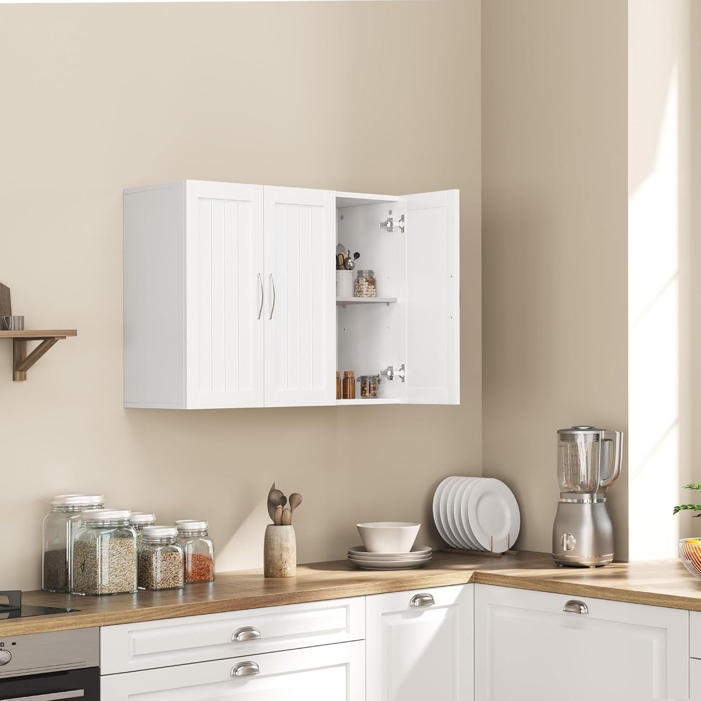 Yaheetech Bathroom Wall Cabinet with Three Doors, Medicine Cabinet with Adjustable Shelf, Hanging Storage Cupboard for Living Room, Laundry Room, Kitchen, White