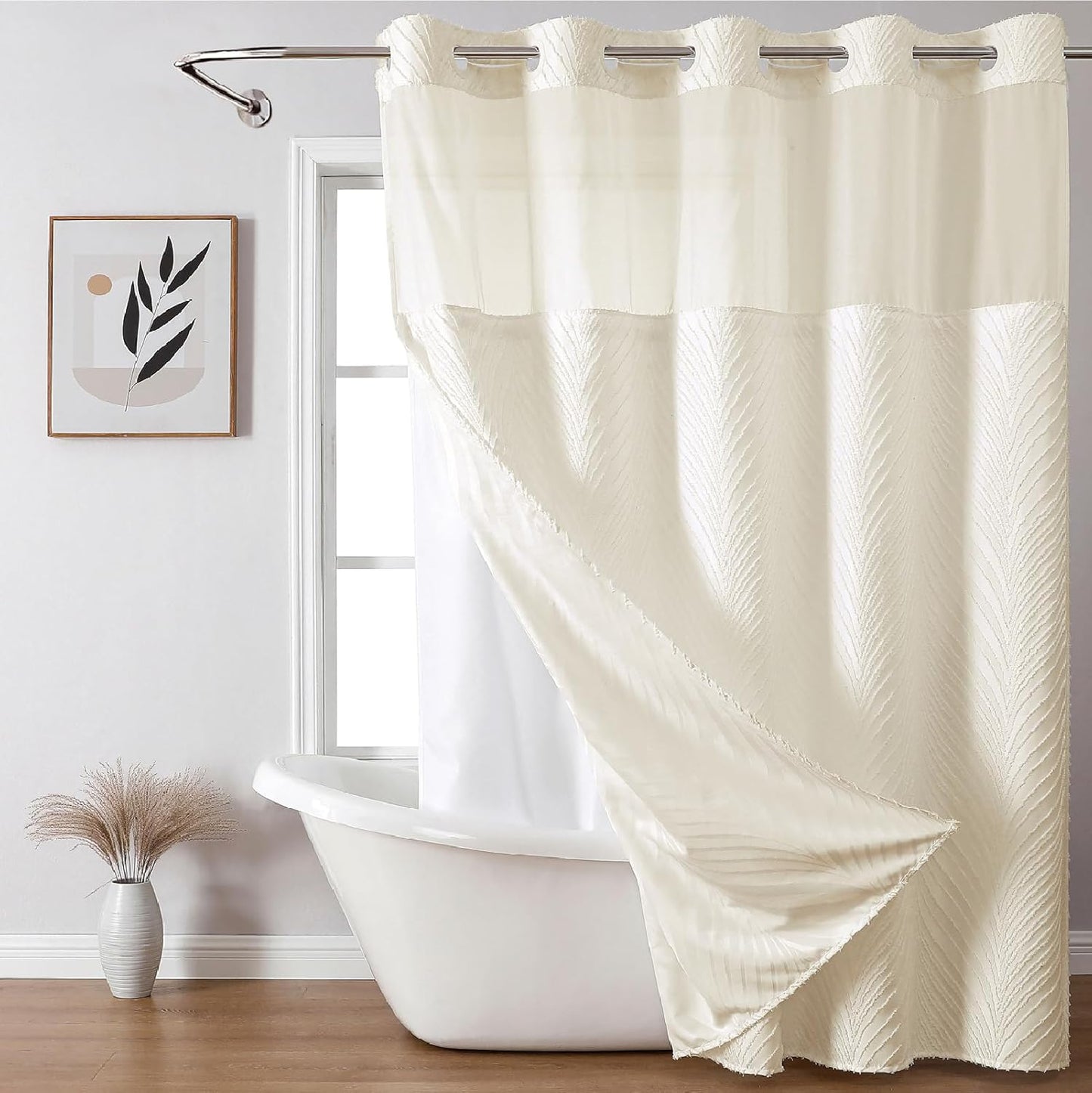 No Hook Shower Curtain and Liner Set,No Hook Tufted Striped Textured Shower Curtain with Snap in Liner Replacement and Waterproof Fabric,Boho Style with See Through Top Window,DarkGreen,71Wx74H