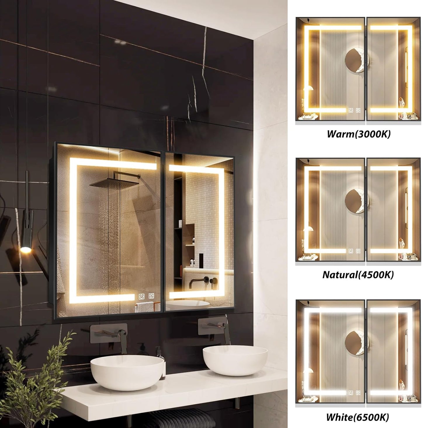 APRILSOUL 36X30 Inch Black Bathroom Medicine Cabinet with Mirror, Recessed or Surface Lighted Medicine Cabinet with 3 Colors Temperature, Dimmable Light