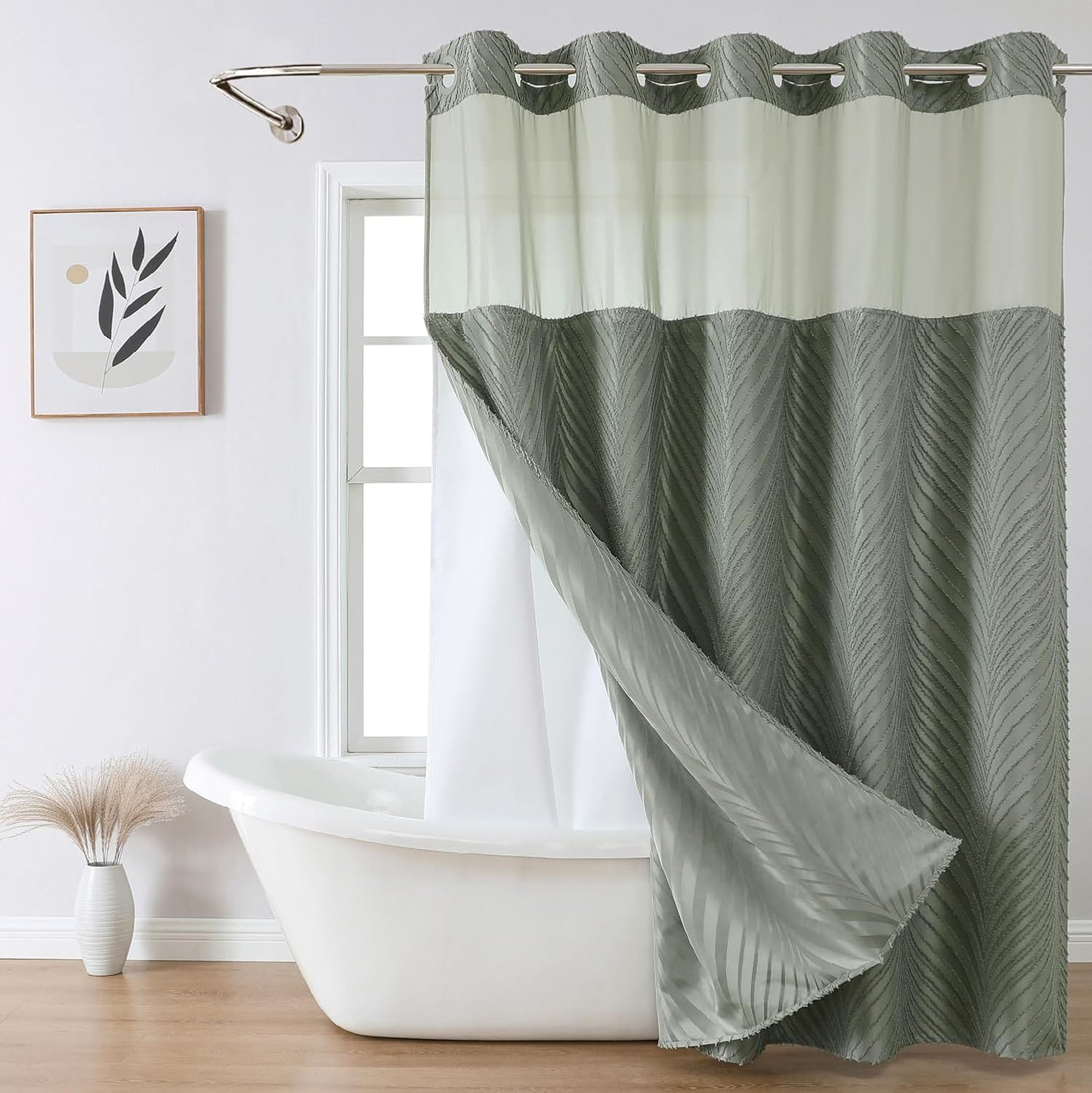 No Hook Shower Curtain and Liner Set,No Hook Tufted Striped Textured Shower Curtain with Snap in Liner Replacement and Waterproof Fabric,Boho Style with See Through Top Window,DarkGreen,71Wx74H
