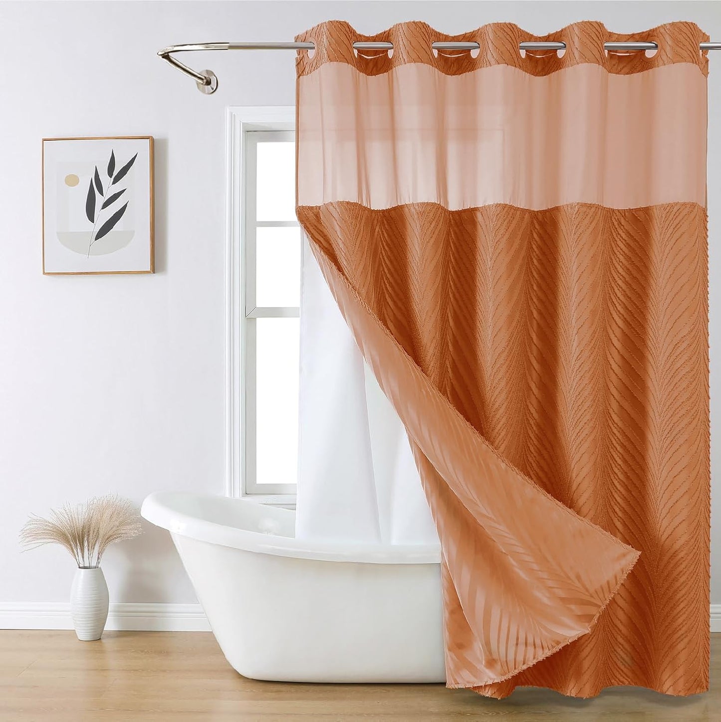 No Hook Shower Curtain and Liner Set,No Hook Tufted Striped Textured Shower Curtain with Snap in Liner Replacement and Waterproof Fabric,Boho Style with See Through Top Window,DarkGreen,71Wx74H