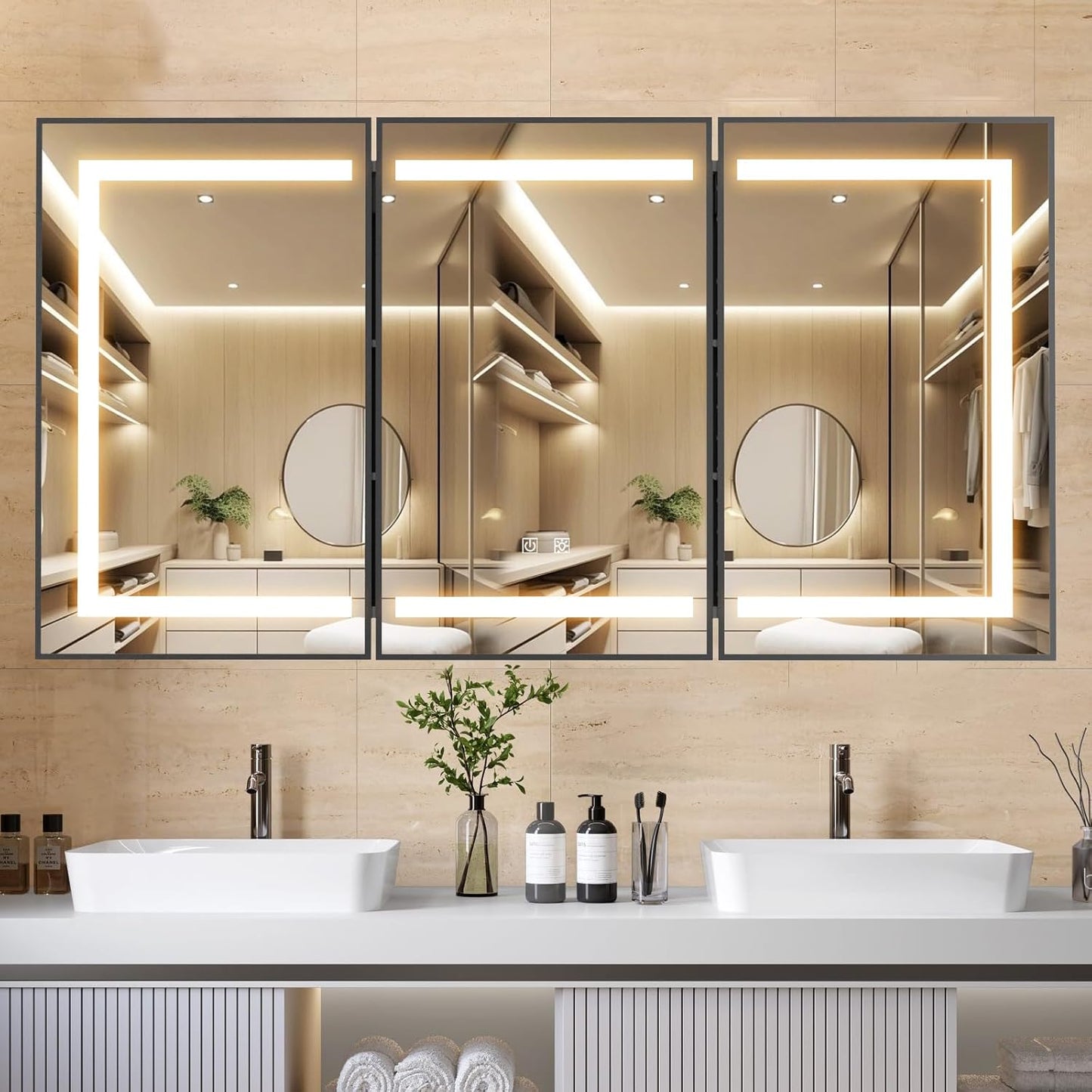 APRILSOUL 36X30 Inch Black Bathroom Medicine Cabinet with Mirror, Recessed or Surface Lighted Medicine Cabinet with 3 Colors Temperature, Dimmable Light