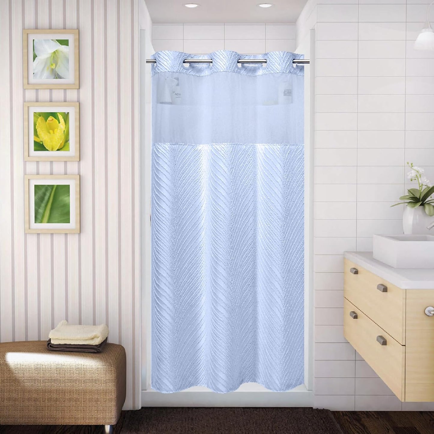 No Hook Shower Curtain and Liner Set,No Hook Tufted Striped Textured Shower Curtain with Snap in Liner Replacement and Waterproof Fabric,Boho Style with See Through Top Window,DarkGreen,71Wx74H