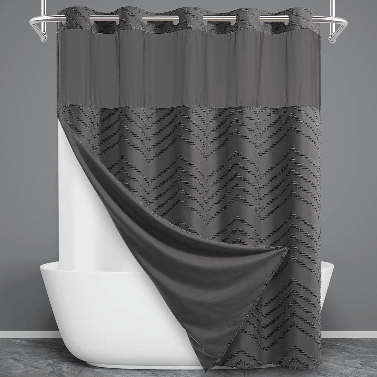 No Hook Shower Curtain with Snap in Liner, Tufted Chevron Striped Shower Curtain Set for Bathroom, Boho Waterproof and Washable Shower Curtains,71Wx74H, Grey