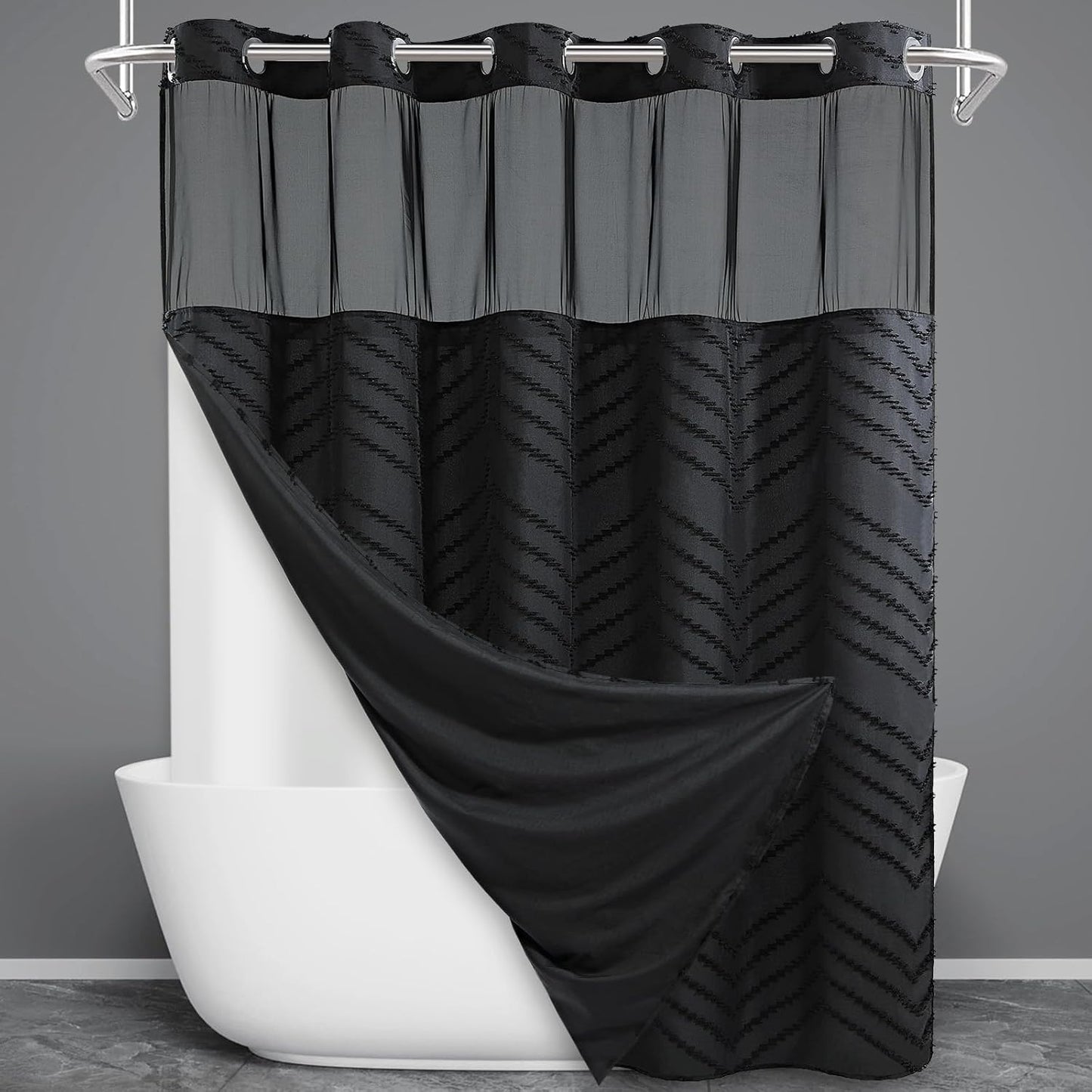 No Hook Shower Curtain with Snap in Liner, Tufted Chevron Striped Shower Curtain Set for Bathroom, Boho Waterproof and Washable Shower Curtains,71Wx74H, Grey