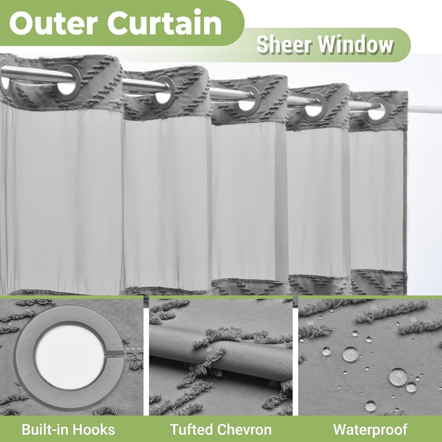 No Hook Shower Curtain with Snap in Liner, Tufted Chevron Striped Shower Curtain Set for Bathroom, Boho Waterproof and Washable Shower Curtains,71Wx74H, Grey