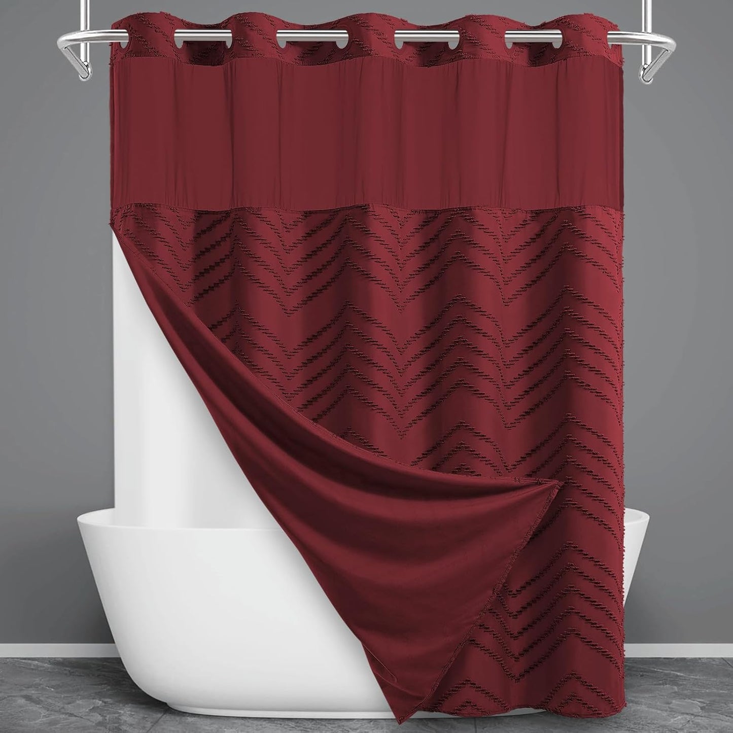 No Hook Shower Curtain with Snap in Liner, Tufted Chevron Striped Shower Curtain Set for Bathroom, Boho Waterproof and Washable Shower Curtains,71Wx74H, Grey