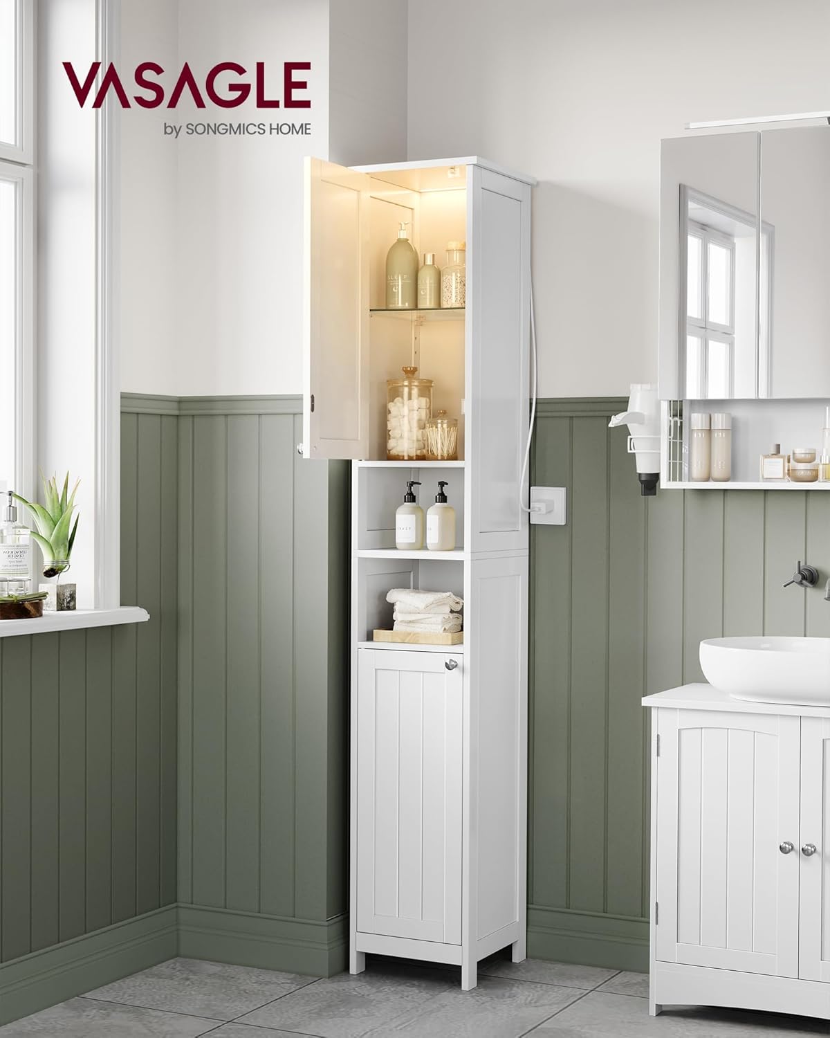 VASAGLE Tall Bathroom Cabinet with Lights, Slim Freestanding Bathroom Storage Cabinet with Adjustable Shelves, for Small Spaces, Modern, 11.8 Inches Wide, Cloud White UBBC566W02