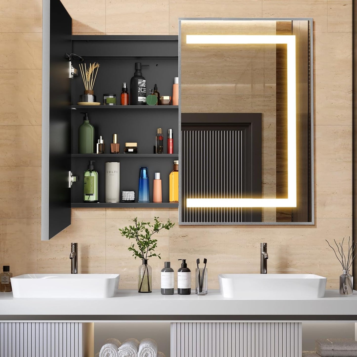 APRILSOUL 36X30 Inch Black Bathroom Medicine Cabinet with Mirror, Recessed or Surface Lighted Medicine Cabinet with 3 Colors Temperature, Dimmable Light