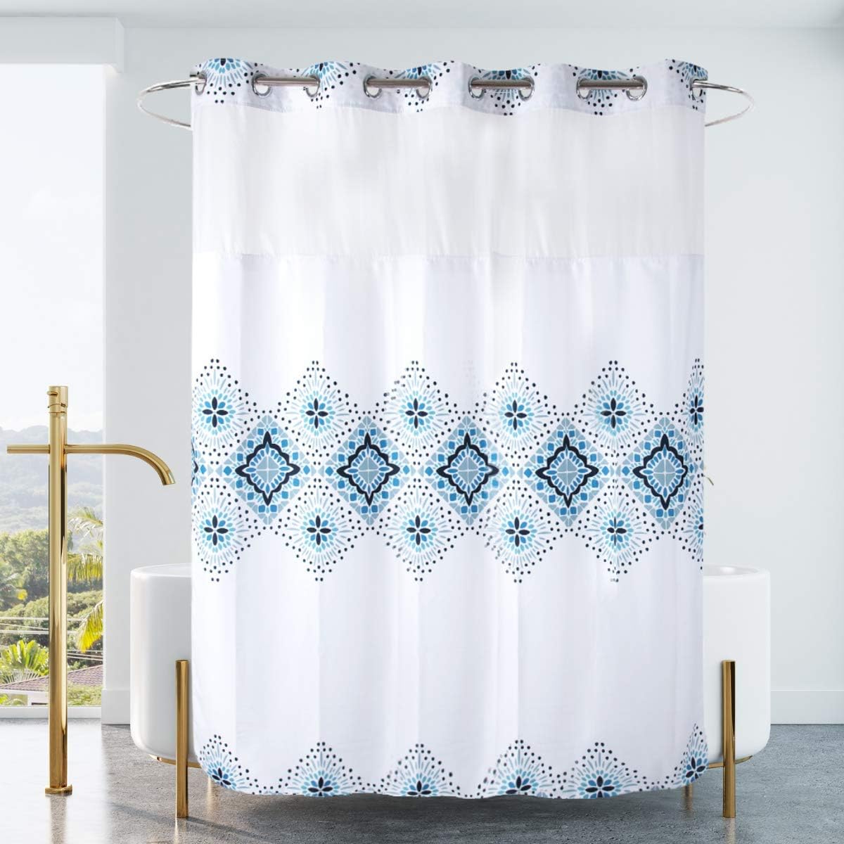 Hotel Grade Waffle Weave Fabric Hook Free Shower Curtain with Magnets Snap-in Liner - Heavy Duty Bath Curtain with See Through Top Machine Washable 71" W * 79“ L White
