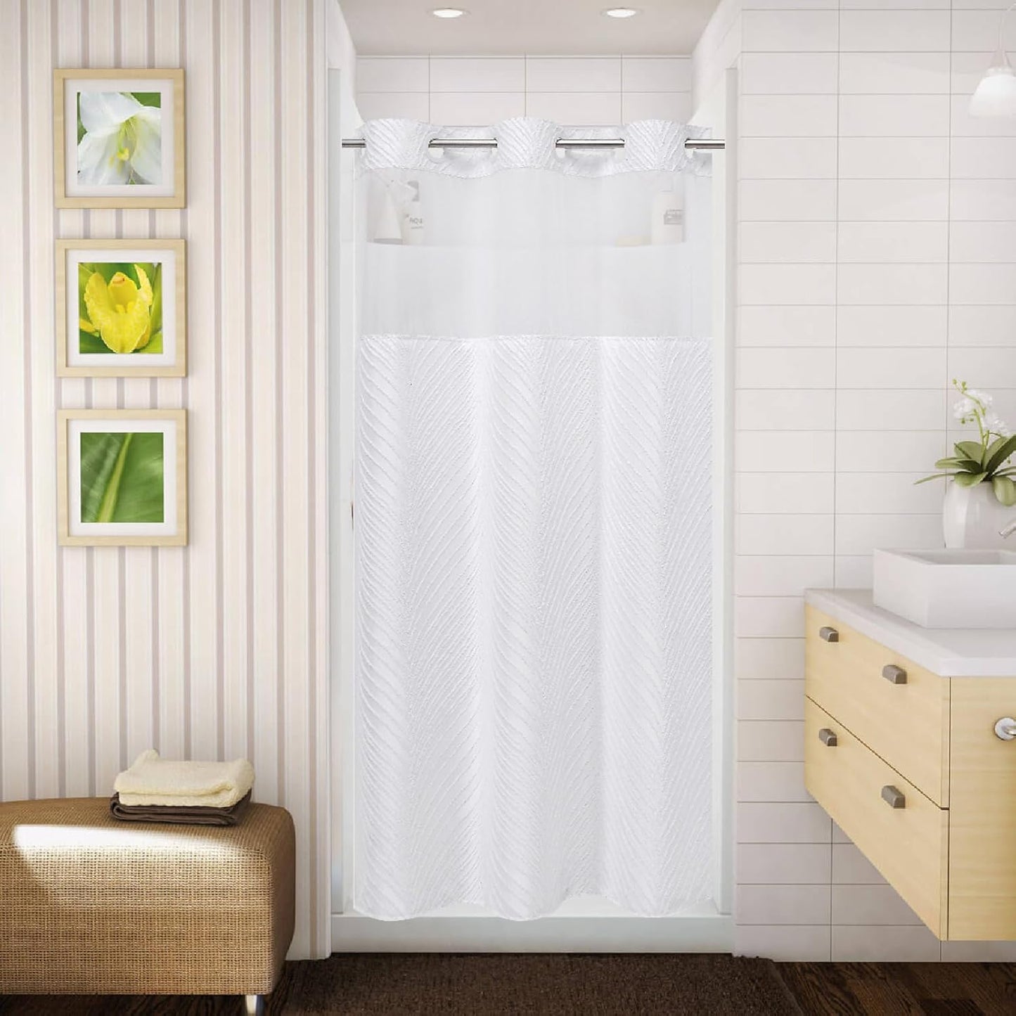 No Hook Shower Curtain and Liner Set,No Hook Tufted Striped Textured Shower Curtain with Snap in Liner Replacement and Waterproof Fabric,Boho Style with See Through Top Window,DarkGreen,71Wx74H