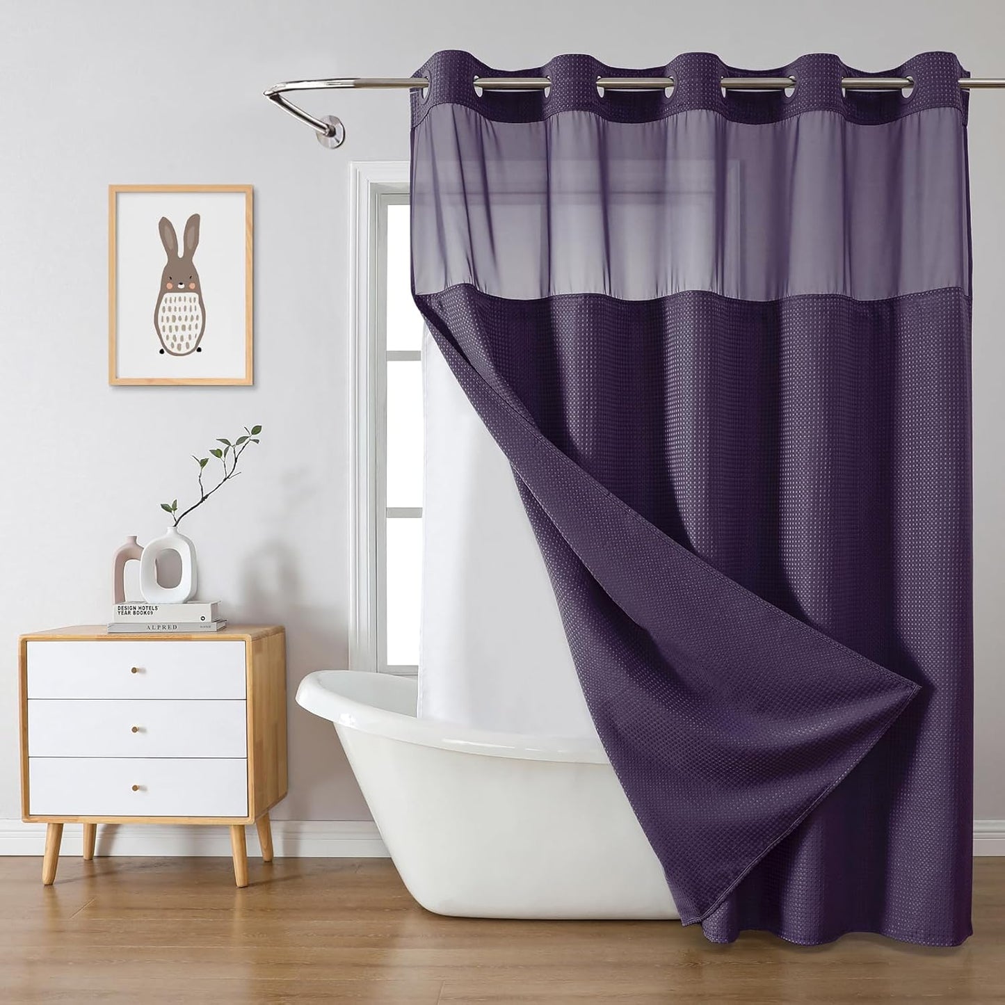Grey No Hook Waffle Weave Shower Curtain with snap-in Liner Replacement, 230GSM Waterproof Fabric Hotel Shower Curtain Set for Bathroom, Through Mesh Top Window,71Wx74H