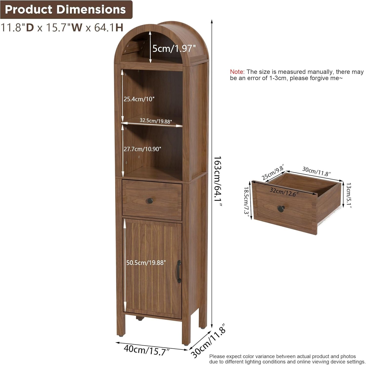 64" Tall Bathroom Storage Cabinet with Adjustable Shelves,Tall Narrow Arched Freestanding Tower Cabinet with Fluted Doors and Drawers,Space Saving Organizer for Bathroom Living Room (Walnut)