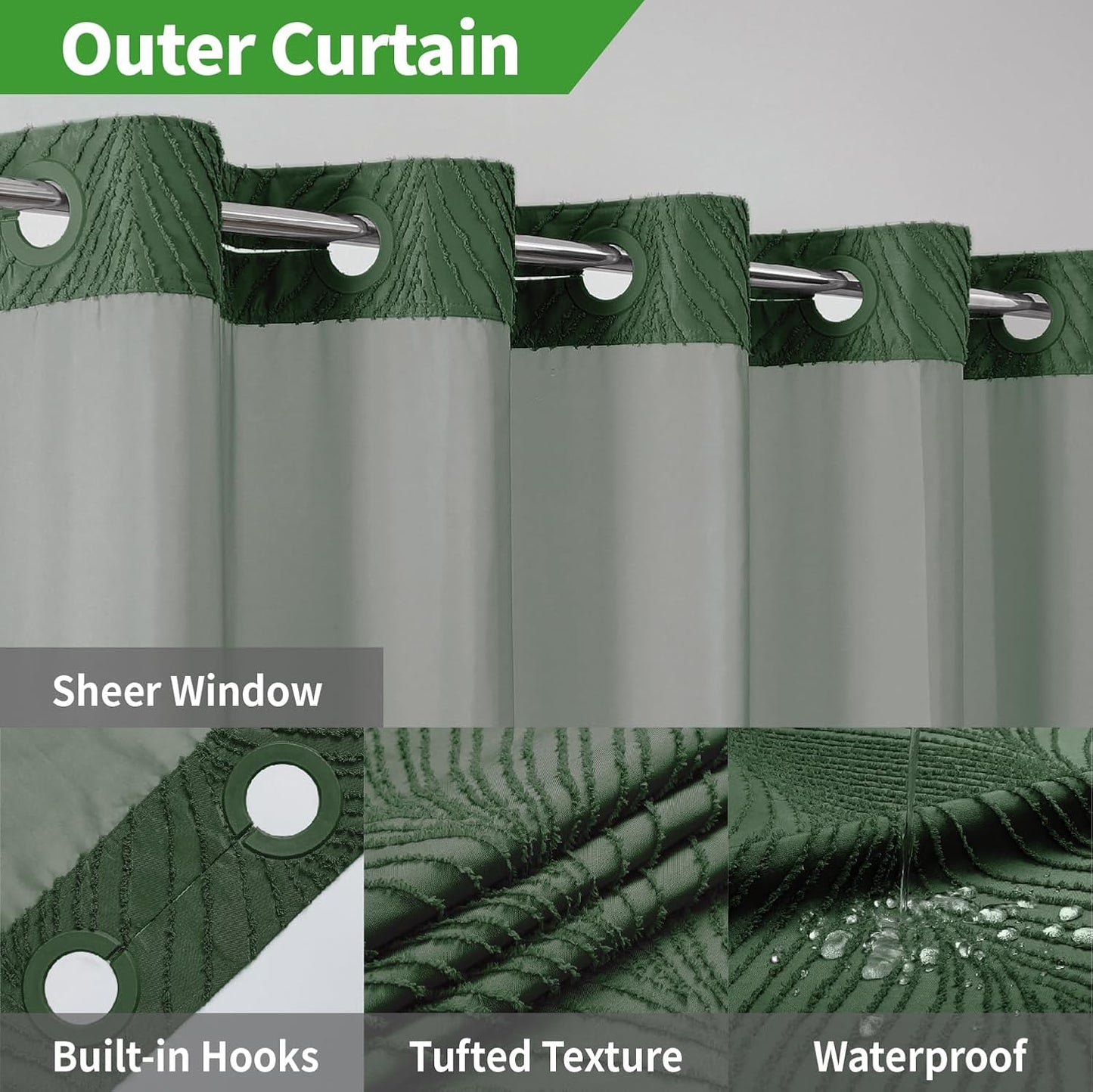 No Hook Shower Curtain and Liner Set,No Hook Tufted Striped Textured Shower Curtain with Snap in Liner Replacement and Waterproof Fabric,Boho Style with See Through Top Window,DarkGreen,71Wx74H