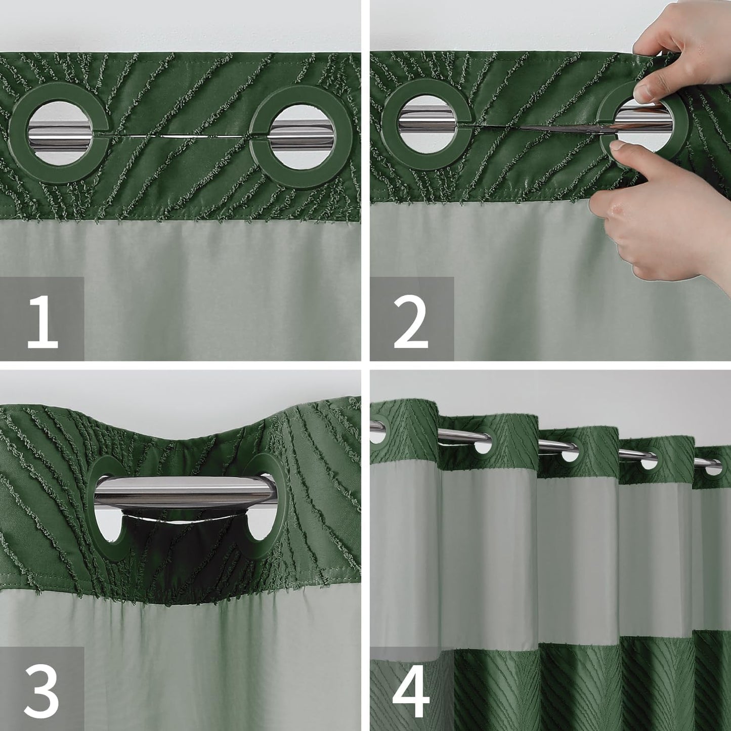 No Hook Shower Curtain and Liner Set,No Hook Tufted Striped Textured Shower Curtain with Snap in Liner Replacement and Waterproof Fabric,Boho Style with See Through Top Window,DarkGreen,71Wx74H