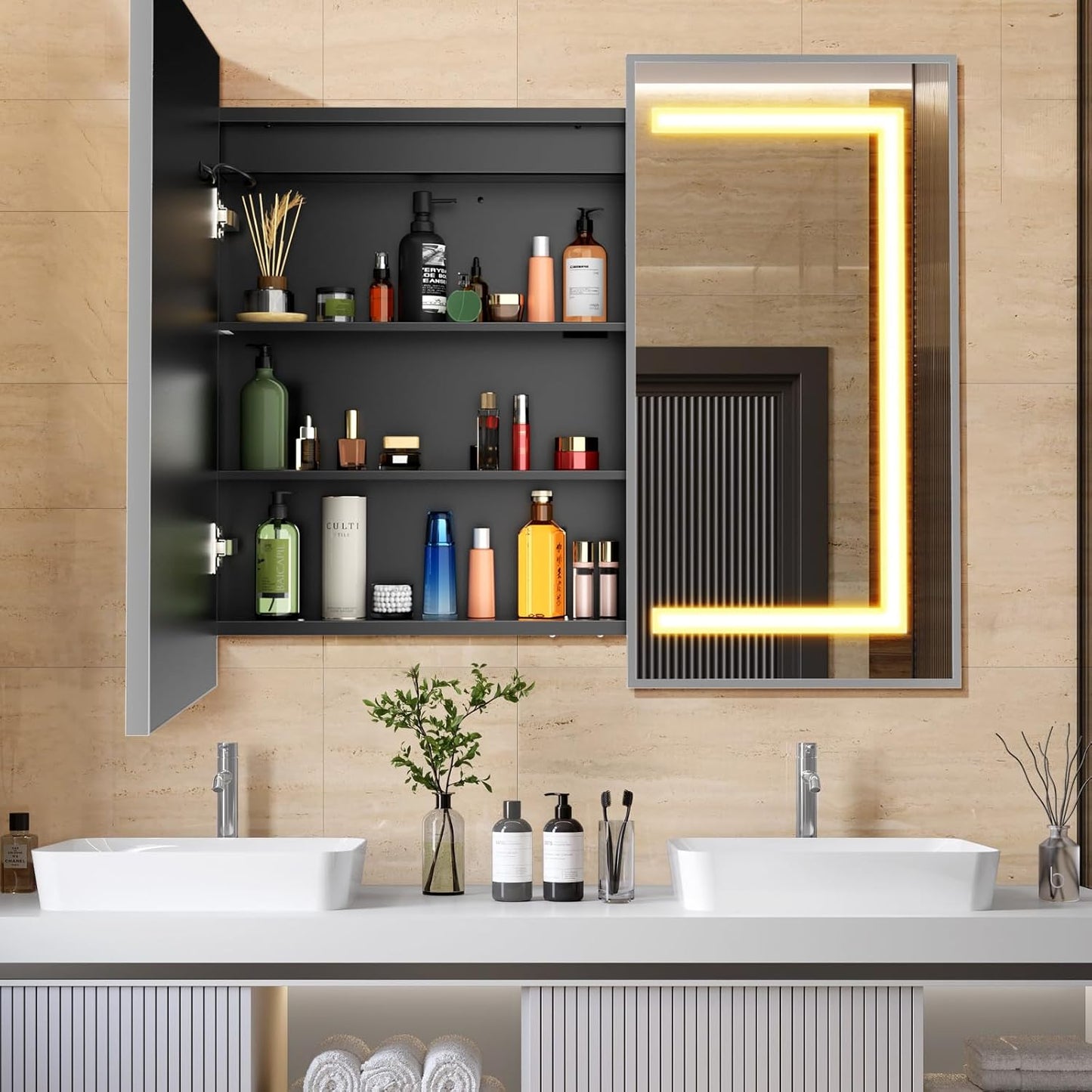 APRILSOUL 36X30 Inch Black Bathroom Medicine Cabinet with Mirror, Recessed or Surface Lighted Medicine Cabinet with 3 Colors Temperature, Dimmable Light
