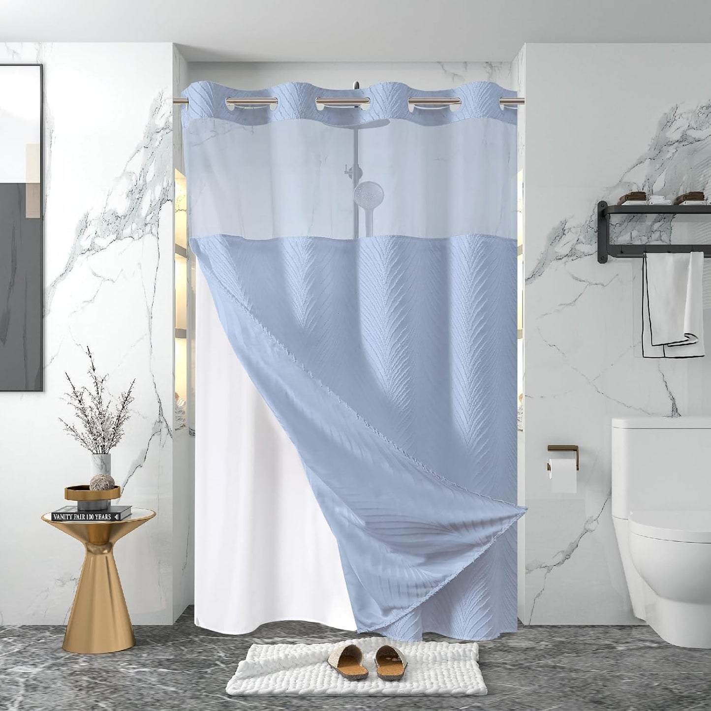No Hook Shower Curtain and Liner Set,No Hook Tufted Striped Textured Shower Curtain with Snap in Liner Replacement and Waterproof Fabric,Boho Style with See Through Top Window,DarkGreen,71Wx74H