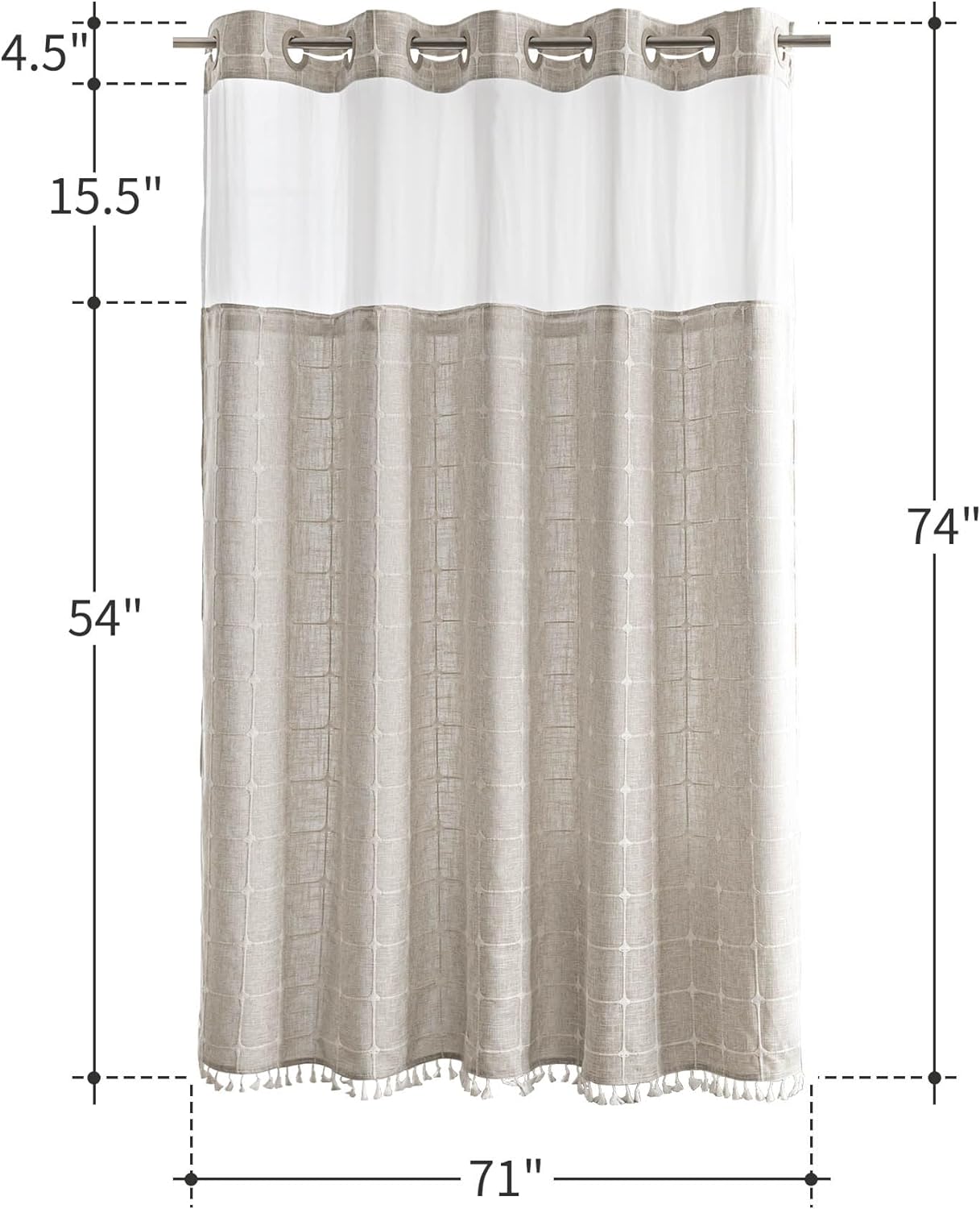 River Dream Farmhouse Linen Textured Shower Curtain with Snap-in Liner Set, No Hooks Needed, with Tassels for Rustic Bathroom Decor,with Window,with Magnets,Linen,71Wx74H