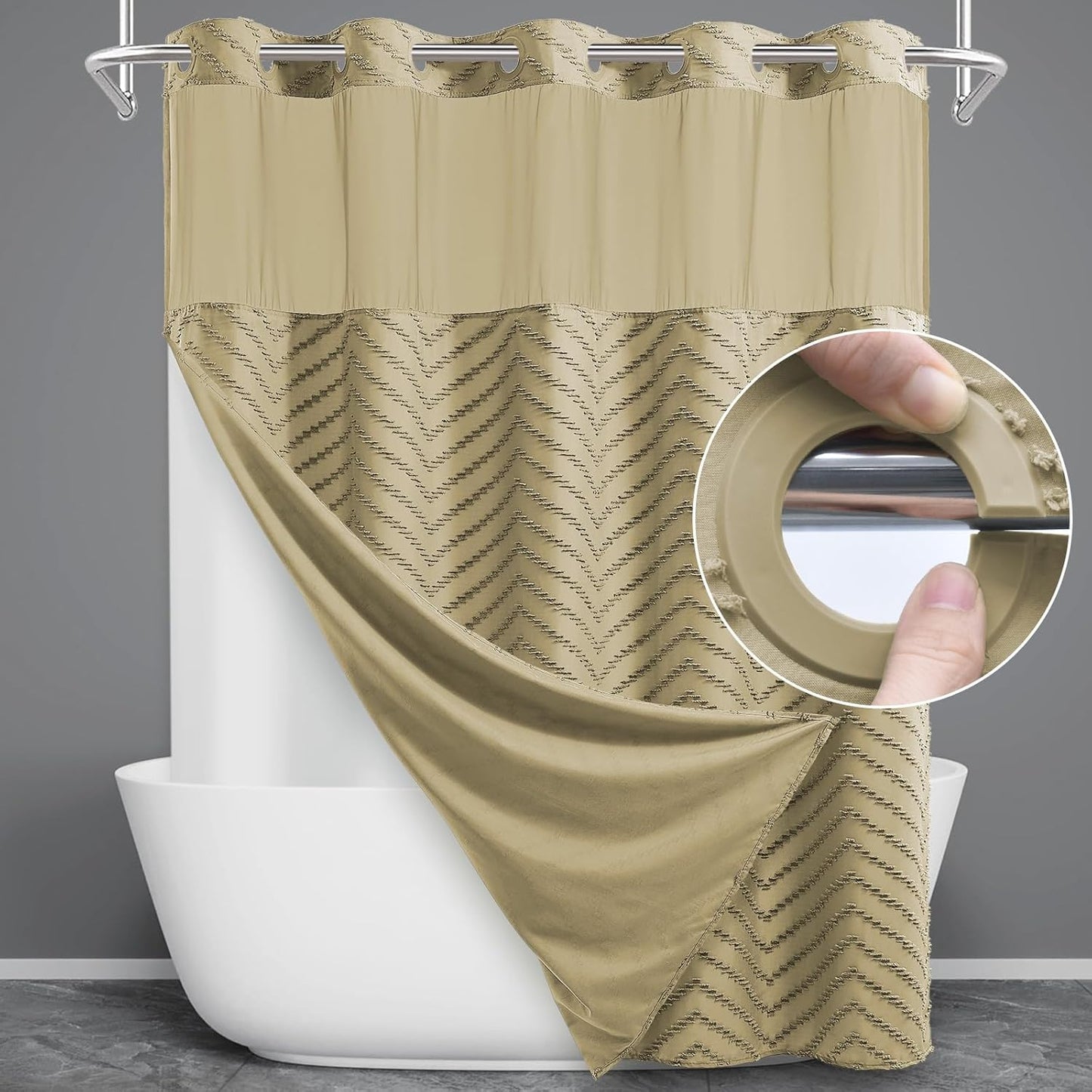 No Hook Shower Curtain with Snap in Liner, Tufted Chevron Striped Shower Curtain Set for Bathroom, Boho Waterproof and Washable Shower Curtains,71Wx74H, Grey