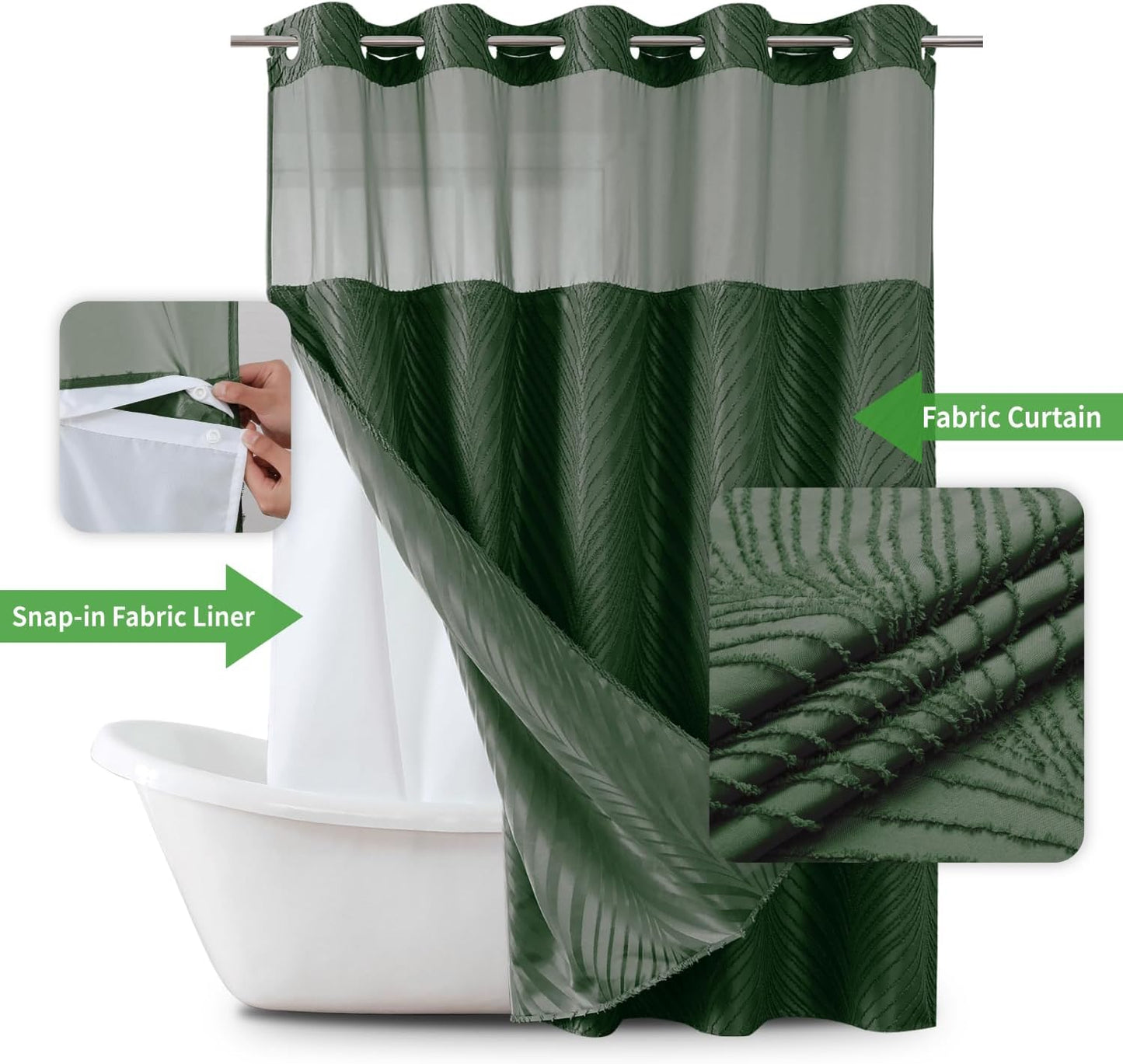 No Hook Shower Curtain and Liner Set,No Hook Tufted Striped Textured Shower Curtain with Snap in Liner Replacement and Waterproof Fabric,Boho Style with See Through Top Window,DarkGreen,71Wx74H