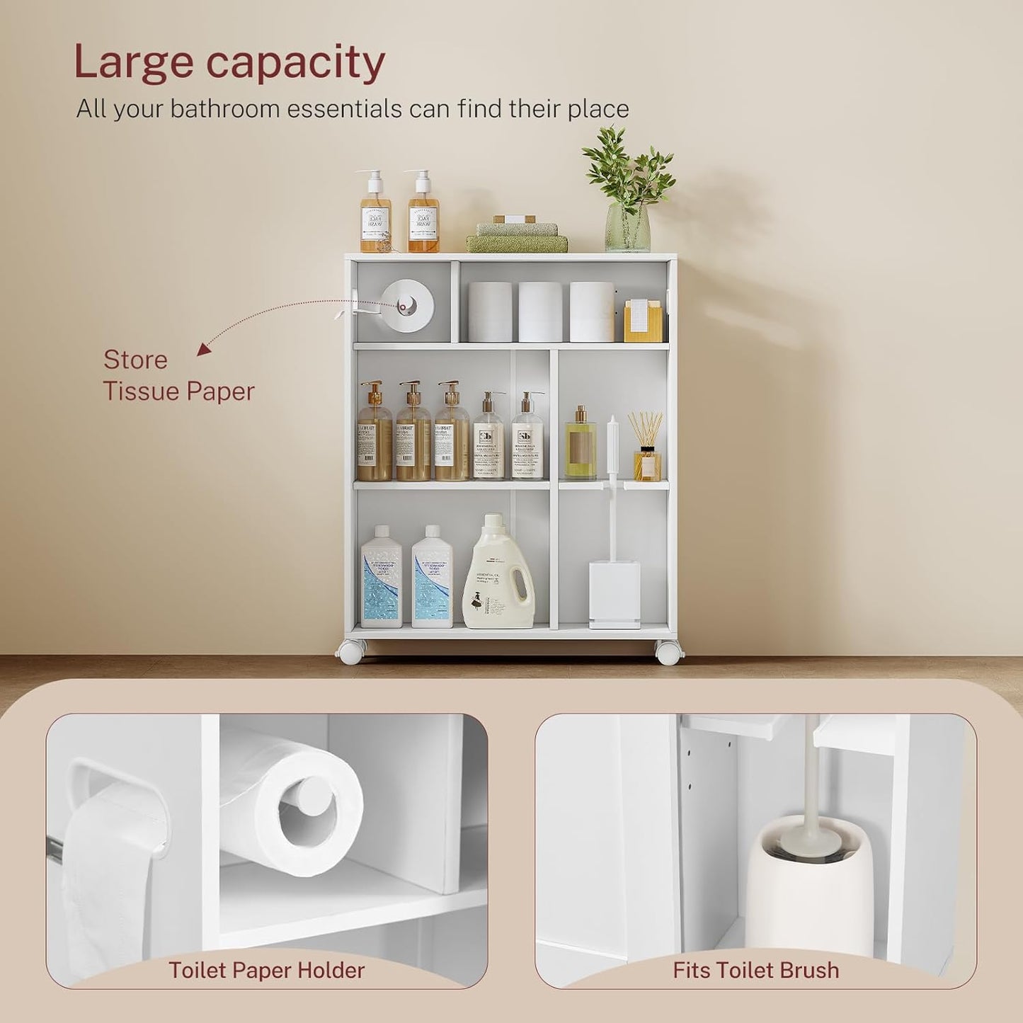 Toilet Paper Cabinets, Slim Bathroom Storage Cabinet with 2 Adjustable Shelves, Toilet Paper Holder and Brush Compartment, Next to Toilets Storage, for Small Space, Bathroom, White