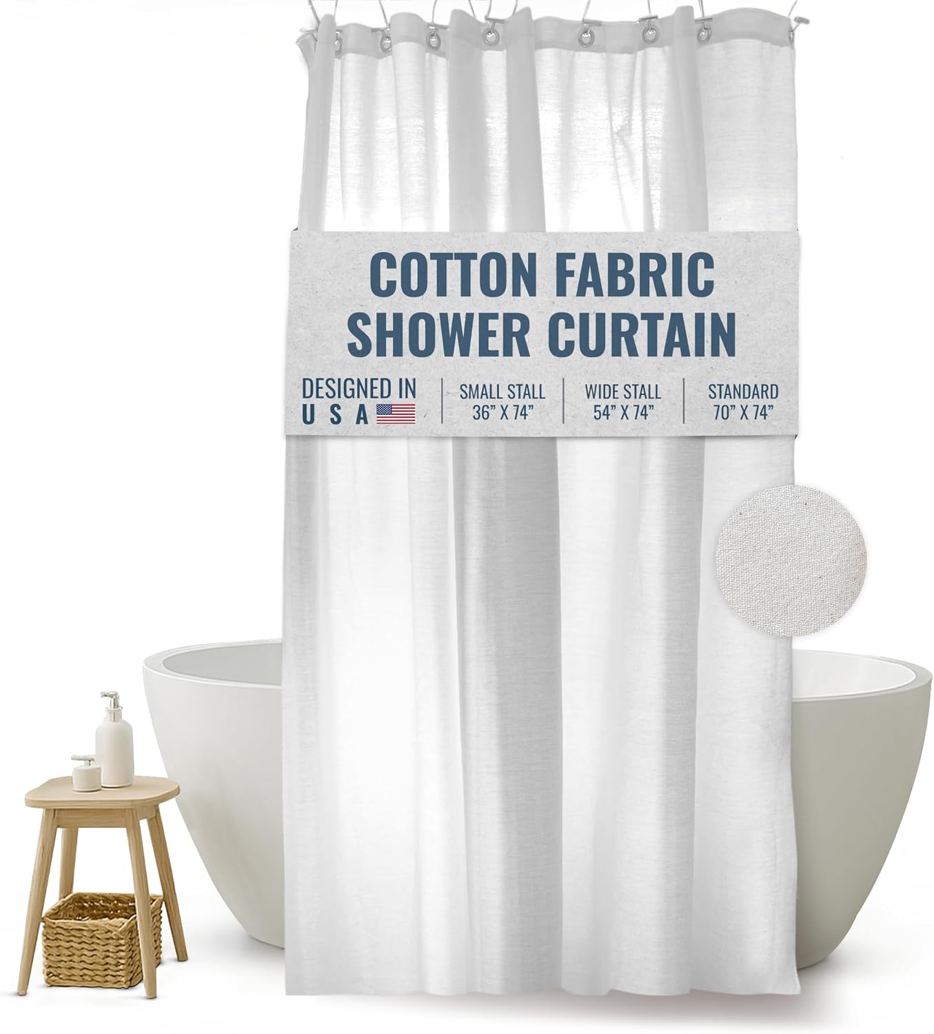 FABRIC SHOWER CURTAIN LINER - Standard Bathtub Size - A Stylish Quality Bathroom Drape - Earth Friendly, Non-Toxic + Odor-Free Cotton Liner - Light-Weight Washable White Shower Curtain - 70x74 WC