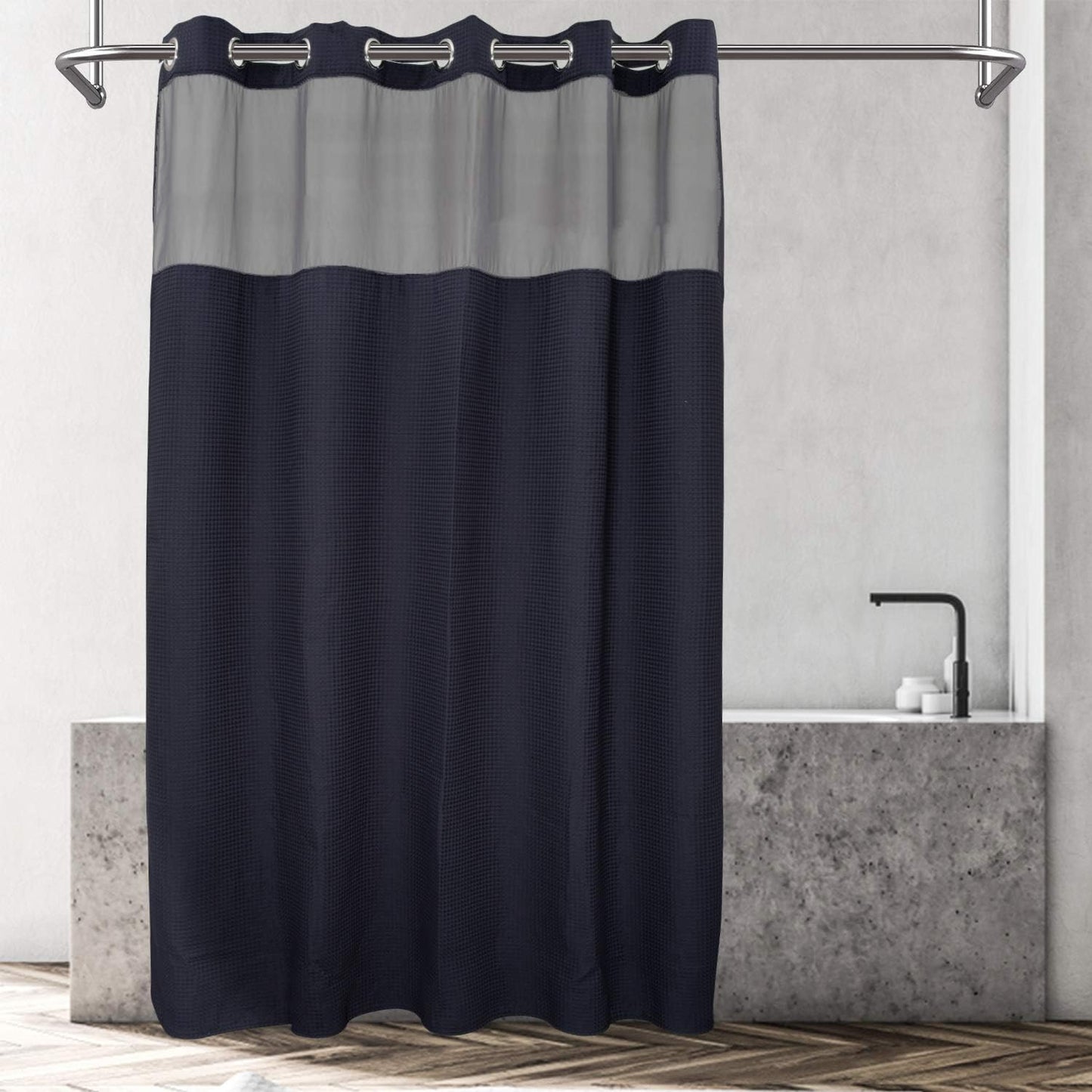River Dream White Fabric Shower Curtain Set, Cotton Blend, Waffle Weave, with Snap in Replacement Liner,71 x 74 inches