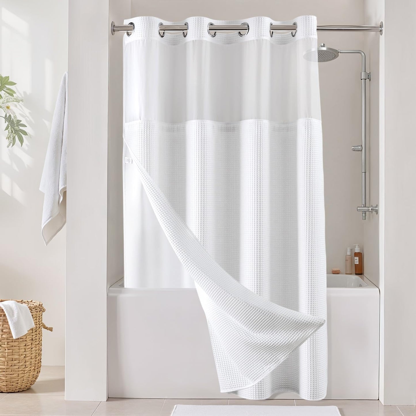 River Dream White Fabric Shower Curtain Set, Cotton Blend, Waffle Weave, with Snap in Replacement Liner,71 x 74 inches