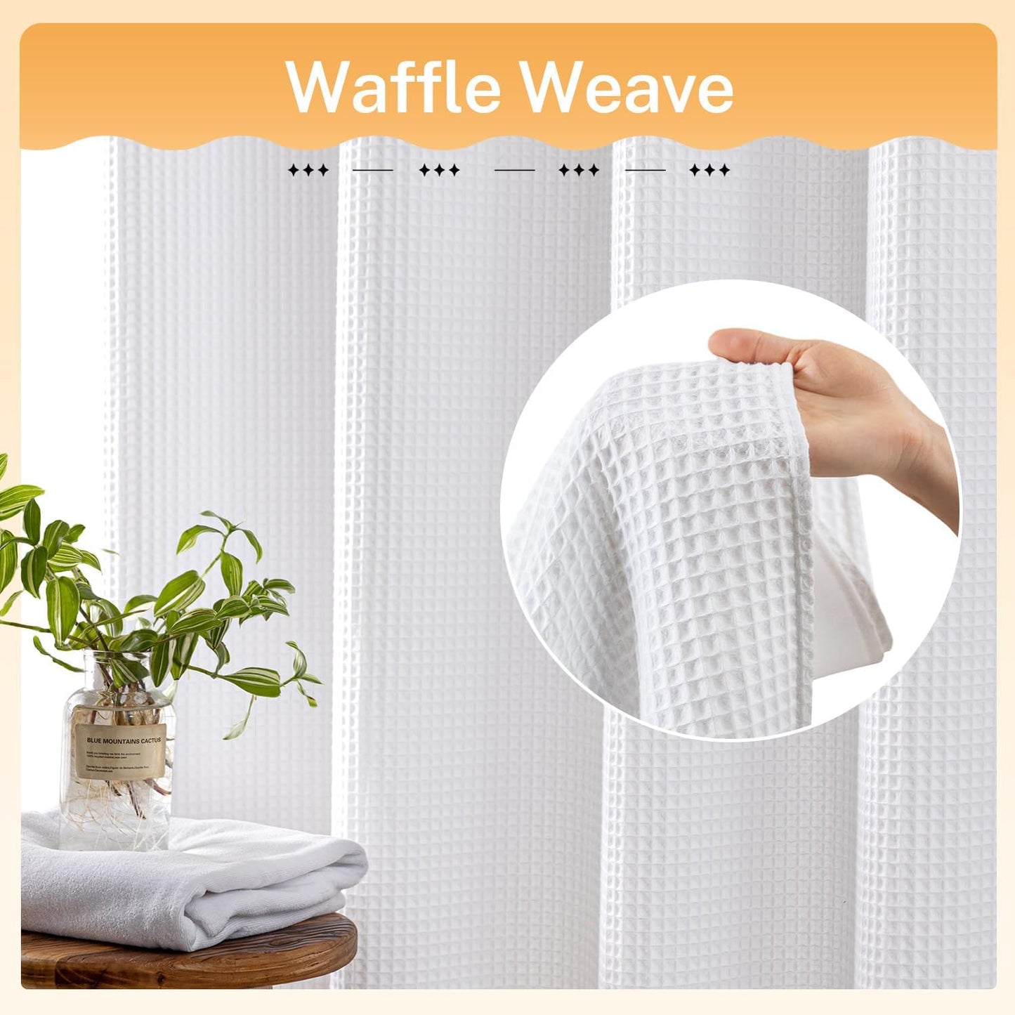 River Dream White Fabric Shower Curtain Set, Cotton Blend, Waffle Weave, with Snap in Replacement Liner,71 x 74 inches