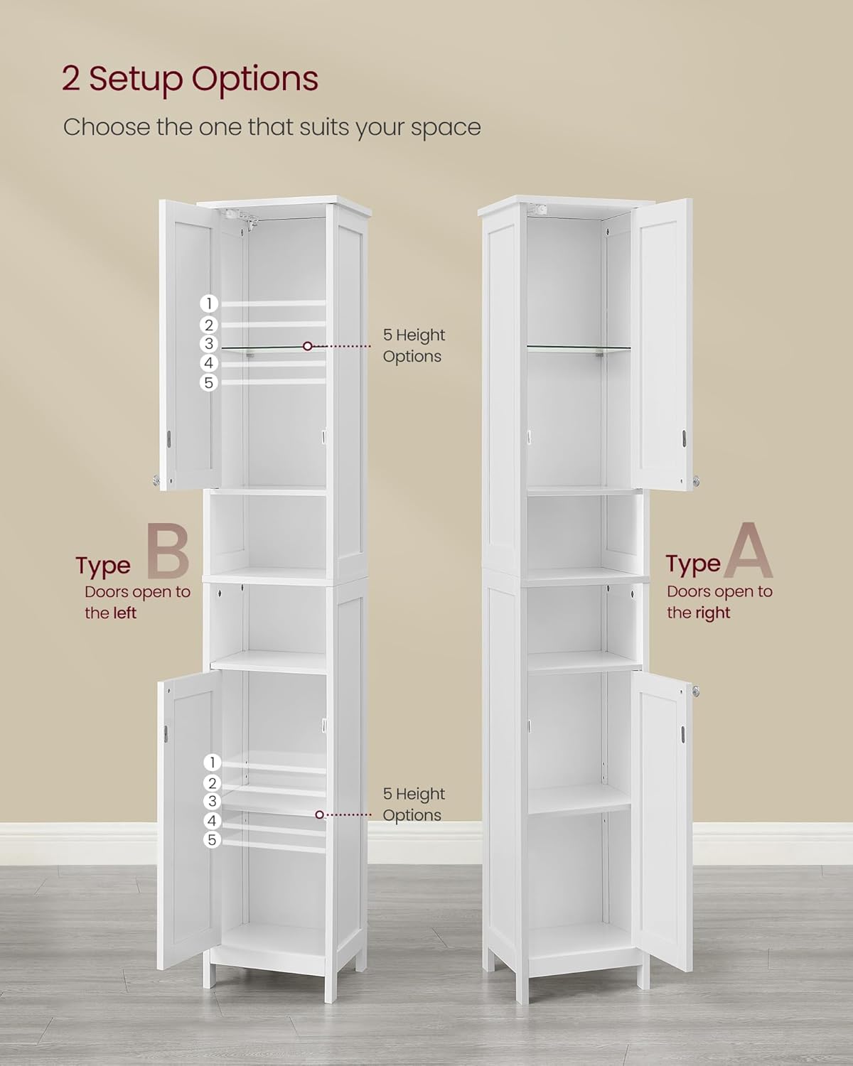 VASAGLE Tall Bathroom Cabinet with Lights, Slim Freestanding Bathroom Storage Cabinet with Adjustable Shelves, for Small Spaces, Modern, 11.8 Inches Wide, Cloud White UBBC566W02