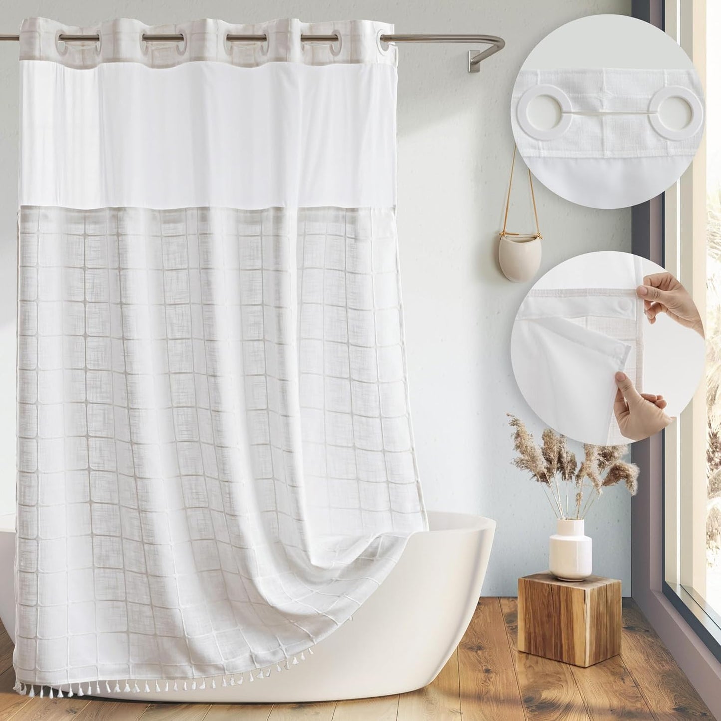 River Dream Farmhouse Linen Textured Shower Curtain with Snap-in Liner Set, No Hooks Needed, with Tassels for Rustic Bathroom Decor,with Window,with Magnets,Linen,71Wx74H