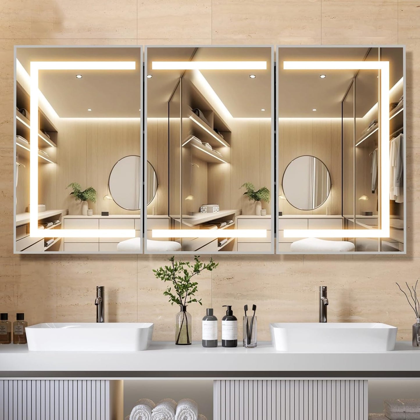 APRILSOUL 36X30 Inch Black Bathroom Medicine Cabinet with Mirror, Recessed or Surface Lighted Medicine Cabinet with 3 Colors Temperature, Dimmable Light