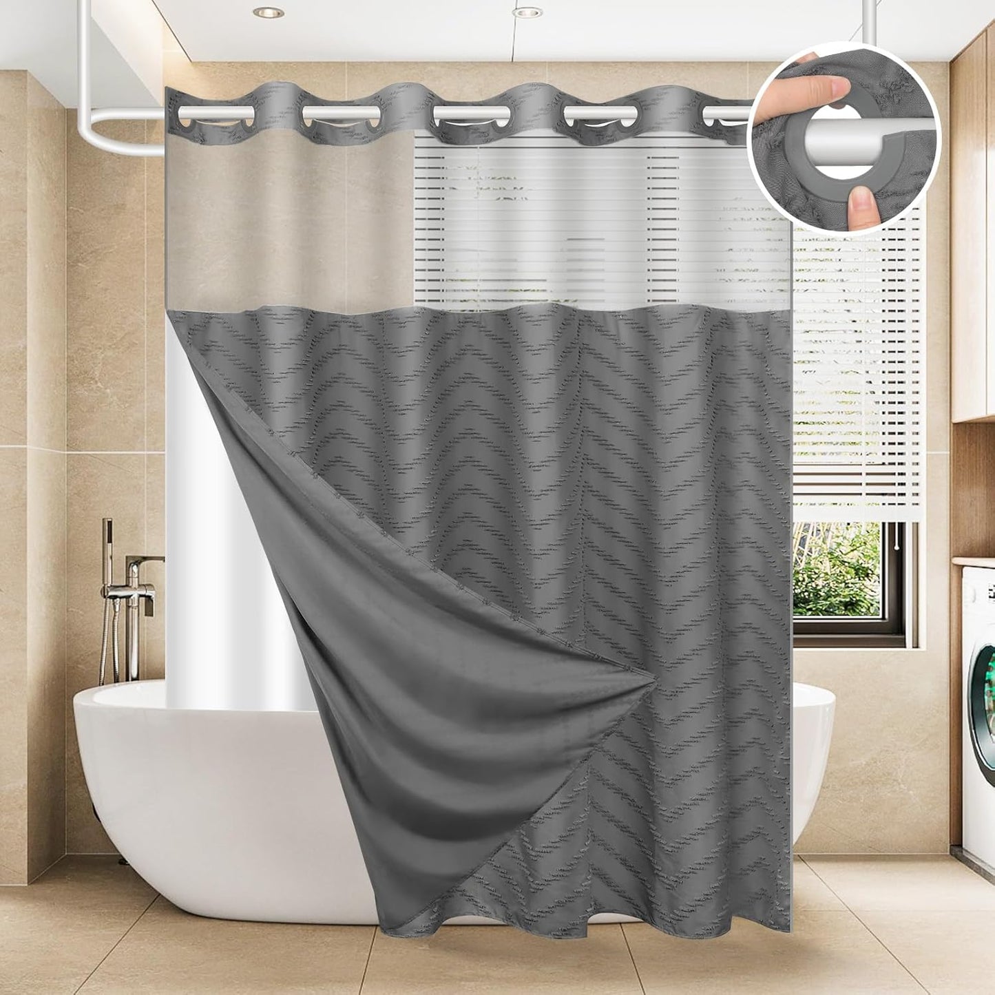 No Hook Shower Curtain and Liner Set, Black Snap in Shower Curtain Ringless Chevron Tufted Cloth Waterproof Washable Fabric Bath Curtain with See Through Top Window for Bathroom Hotel 71" x 74"