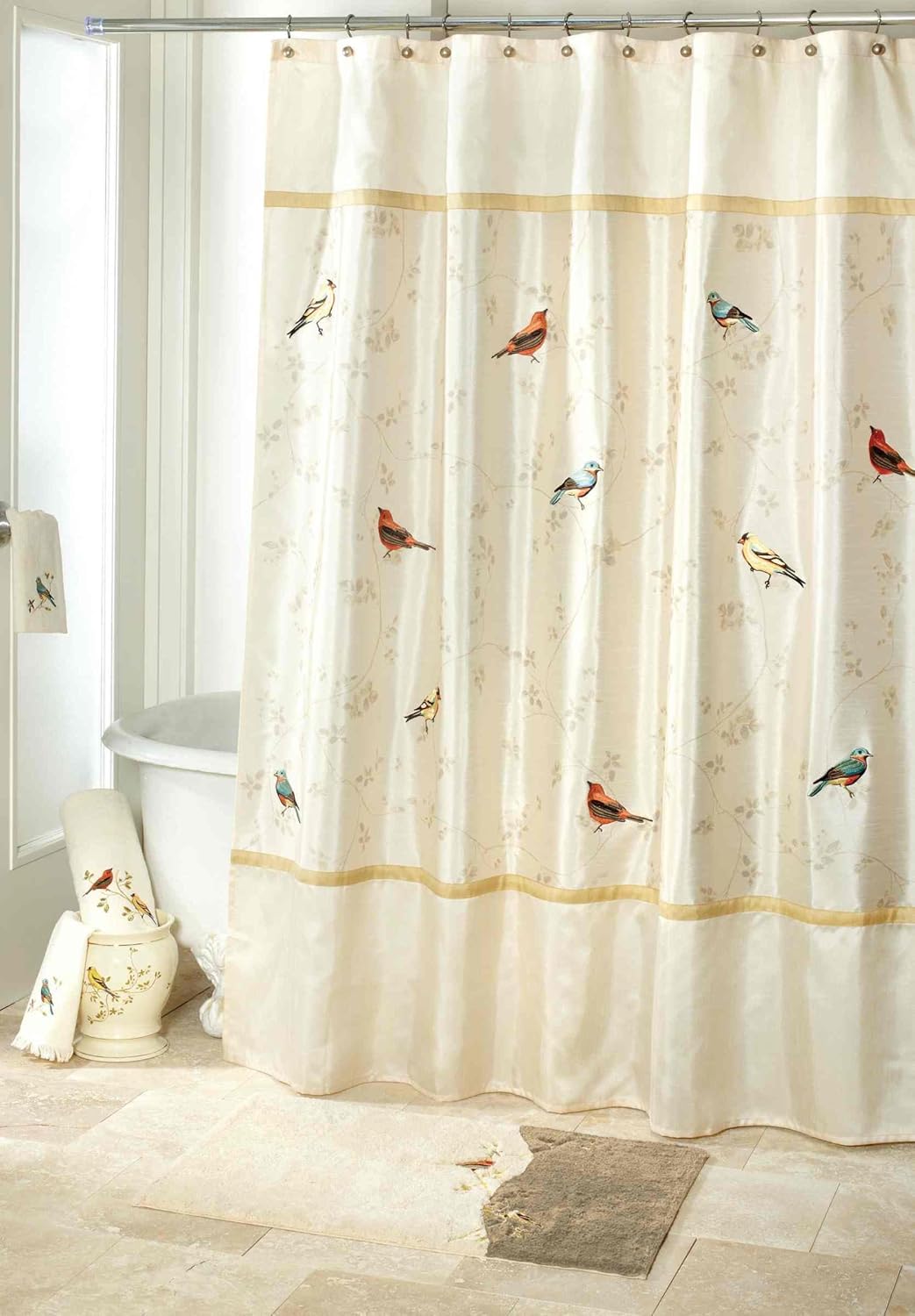 Avanti Linens- Shower Set, Fabric Shower Curtain & 12pc Curtain Hooks, Durable Bathroom Essentials (Gilded Birds Collection)
