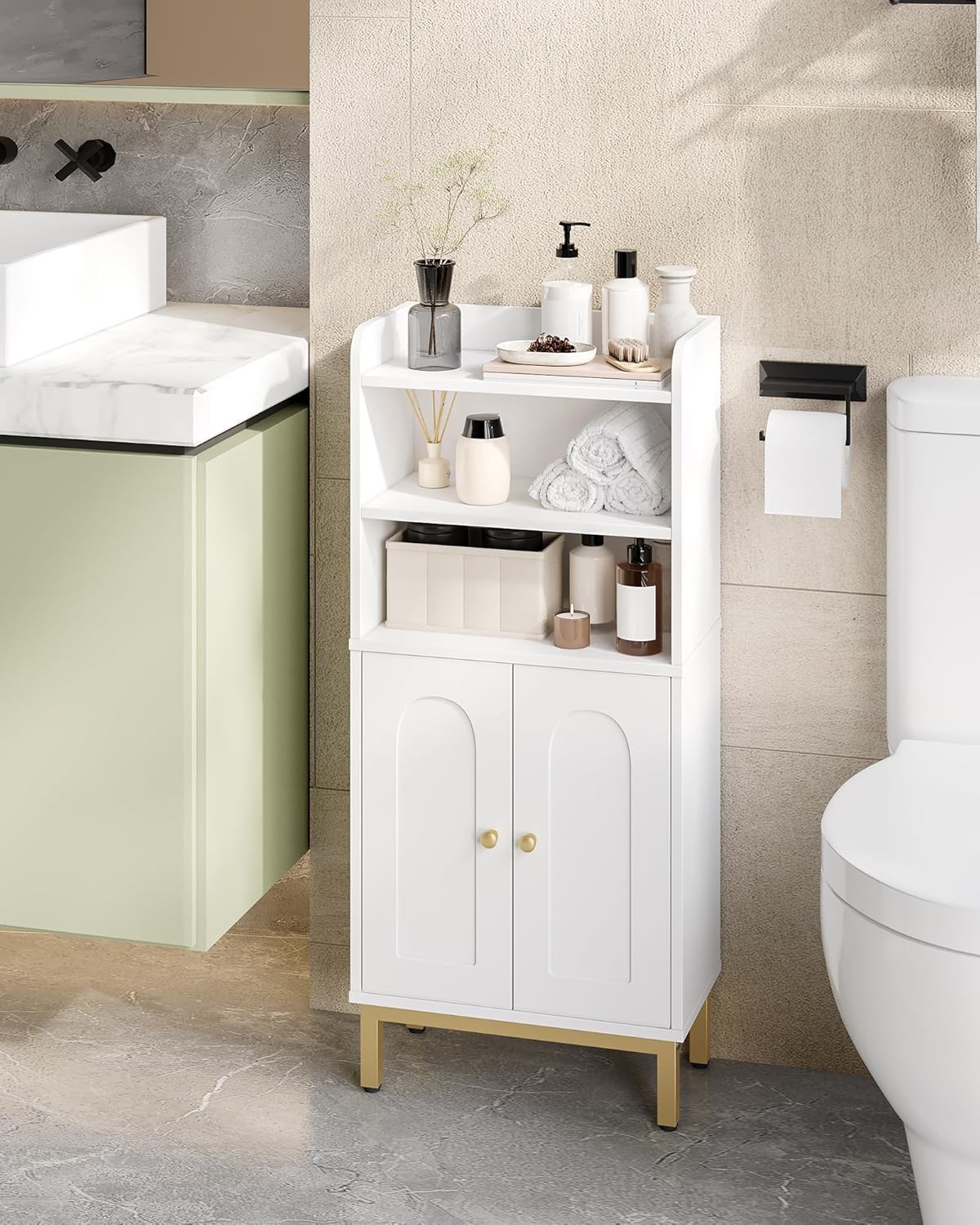 Bathroom Storage Cabinet, Small Floor Cabinet with 2 Door and Shelves, Toilet Paper Cabinets, Bathroom Organizer with Adjustable Shelf, for Small Spaces (Modern, White)
