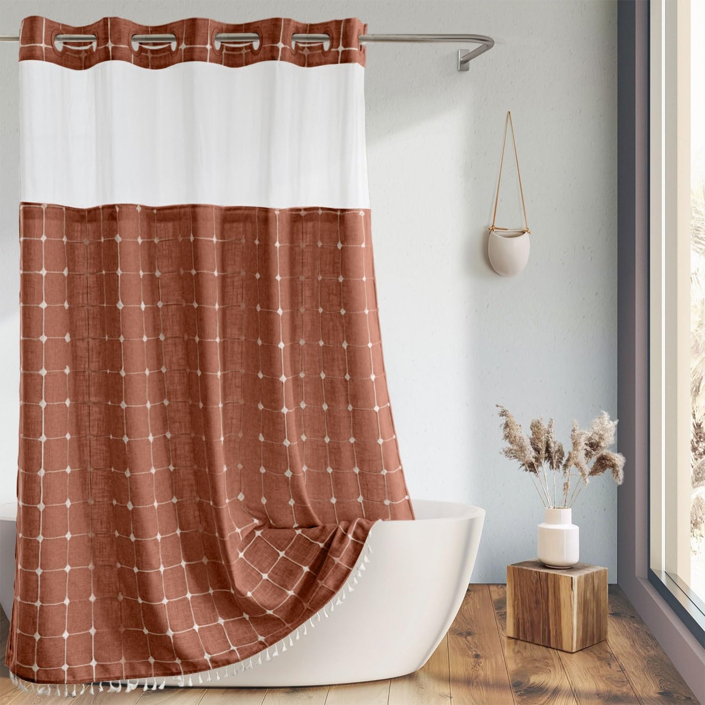 River Dream Farmhouse Linen Textured Shower Curtain with Snap-in Liner Set, No Hooks Needed, with Tassels for Rustic Bathroom Decor,with Window,with Magnets,Linen,71Wx74H