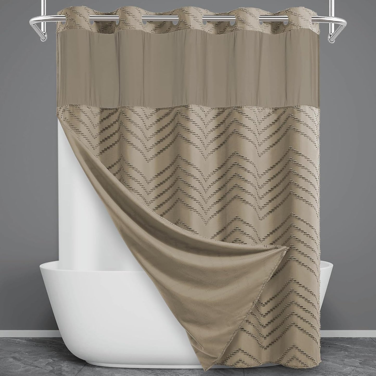 No Hook Shower Curtain with Snap in Liner, Tufted Chevron Striped Shower Curtain Set for Bathroom, Boho Waterproof and Washable Shower Curtains,71Wx74H, Grey