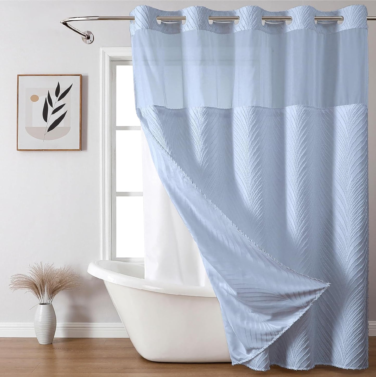 No Hook Shower Curtain and Liner Set,No Hook Tufted Striped Textured Shower Curtain with Snap in Liner Replacement and Waterproof Fabric,Boho Style with See Through Top Window,DarkGreen,71Wx74H
