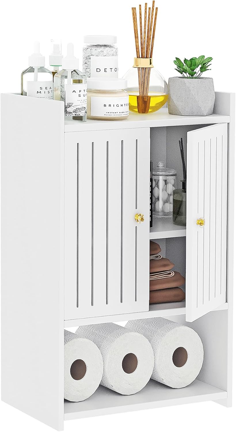 Bathroom Storage Cabinet, 4-Tier Slim White Floor Cabinet Freestanding Organizers with Door for Living Room Entryway Small Space