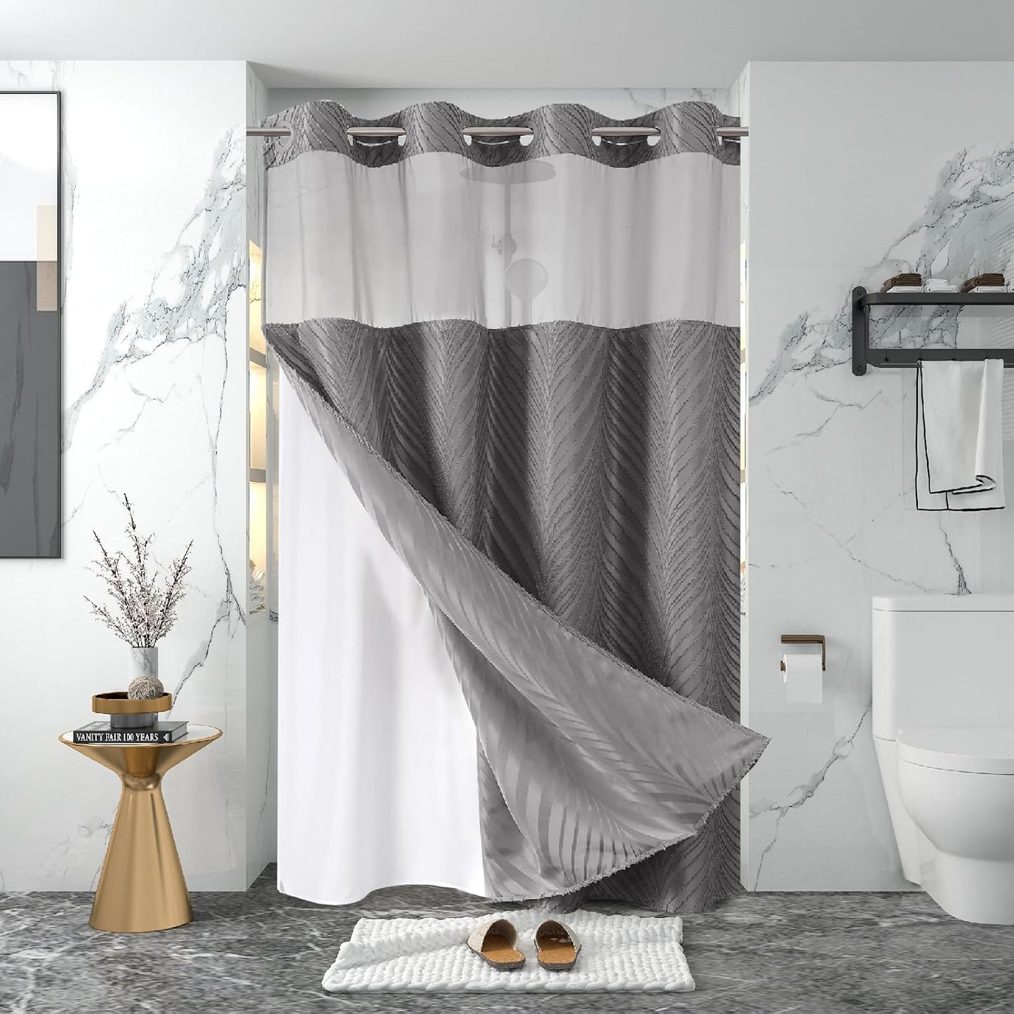 No Hook Shower Curtain and Liner Set,No Hook Tufted Striped Textured Shower Curtain with Snap in Liner Replacement and Waterproof Fabric,Boho Style with See Through Top Window,DarkGreen,71Wx74H