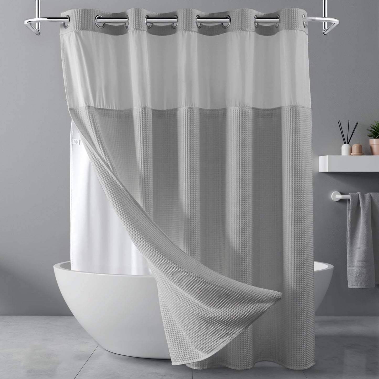 River Dream White Fabric Shower Curtain Set, Cotton Blend, Waffle Weave, with Snap in Replacement Liner,71 x 74 inches