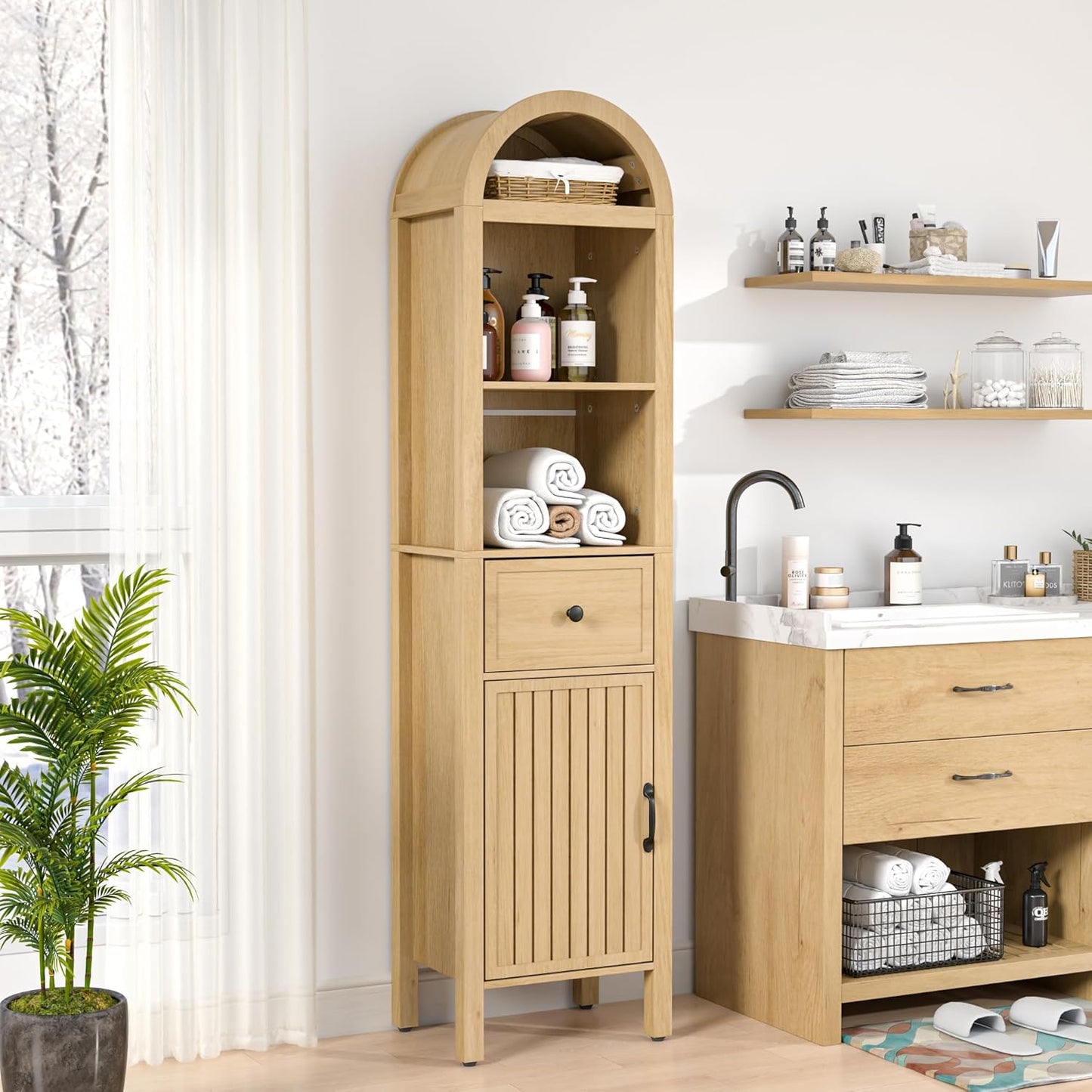 64" Tall Bathroom Storage Cabinet with Adjustable Shelves,Tall Narrow Arched Freestanding Tower Cabinet with Fluted Doors and Drawers,Space Saving Organizer for Bathroom Living Room (Walnut)
