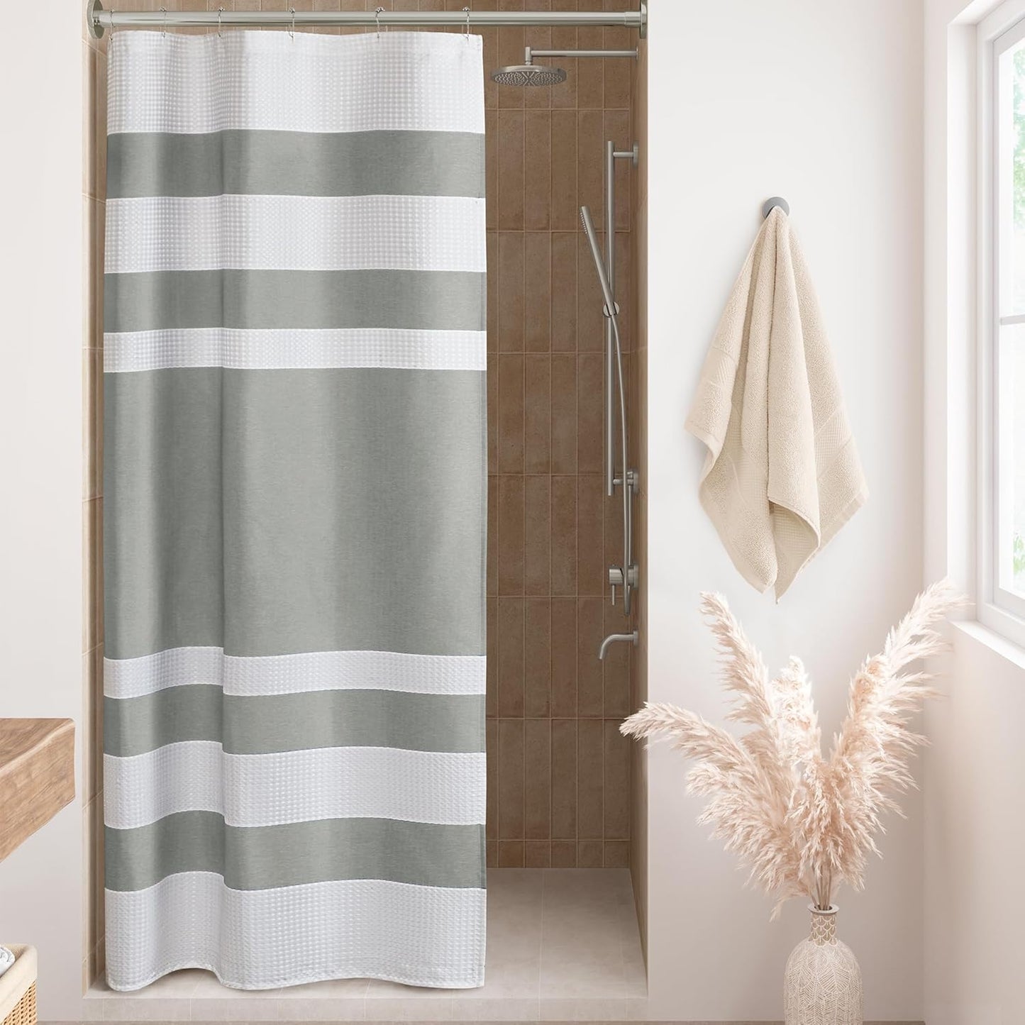 Madison Park Shower Curtain Waffle Weave Striped Pieced Design Fabric Shower Curtains for Bathroom with 3M Scotchgard Moisture Management Premium Spa Quality Modern Standard 72"x72" Grey