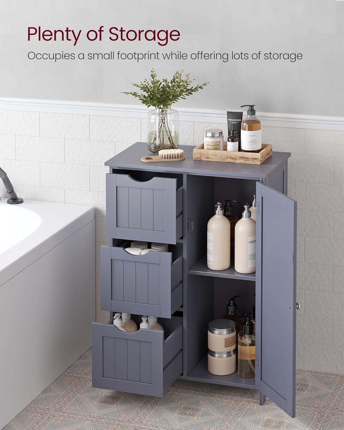 VASAGLE Bathroom Floor Storage Cabinet, Freestanding Bathroom Storage Unit with 3 Drawers, 1 Adjustable Shelf, 11.8 x 23.6 x 31.5 Inches, Slate Gray UBBC049G01