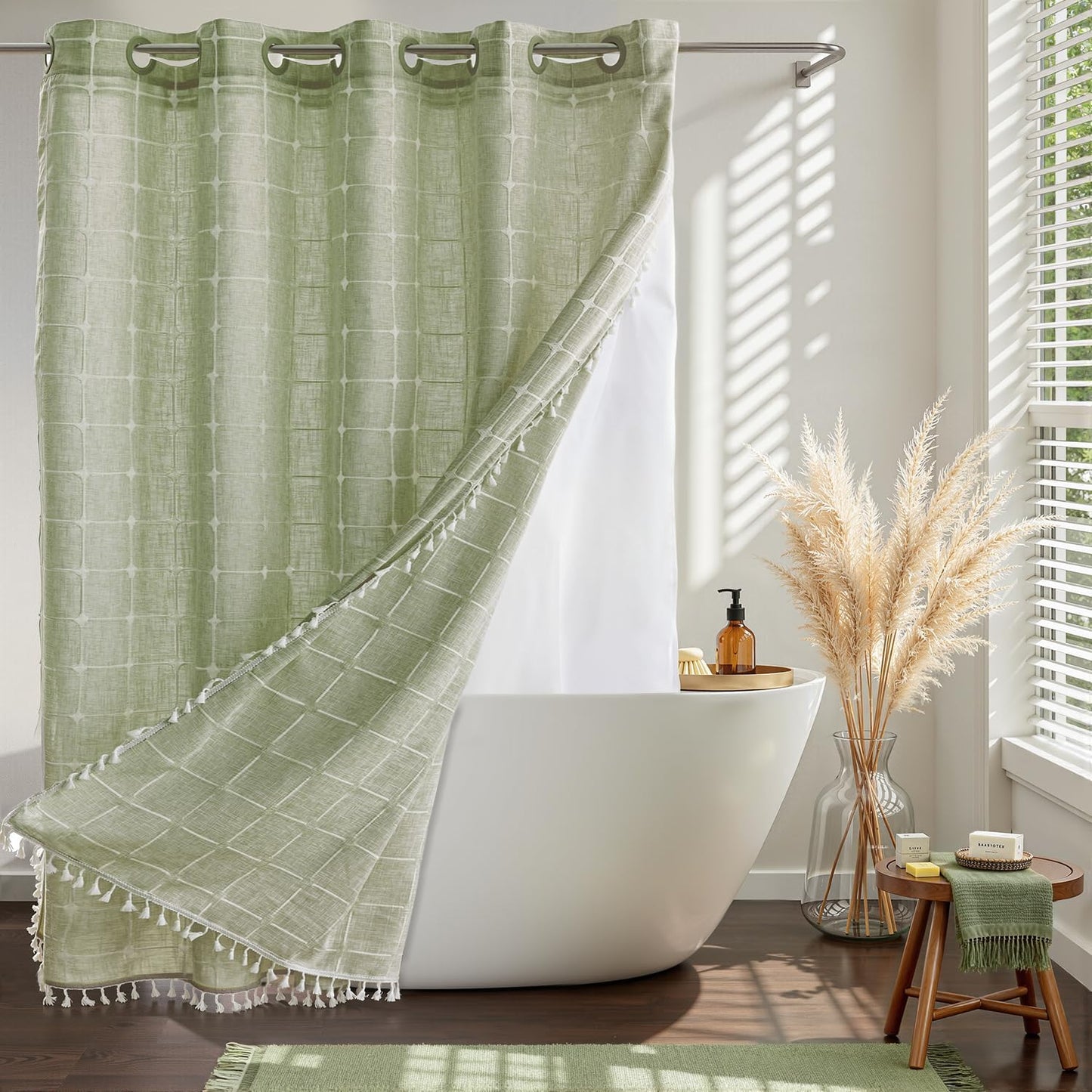 River Dream Farmhouse Linen Textured Shower Curtain with Snap-in Liner Set, No Hooks Needed, with Tassels for Rustic Bathroom Decor,with Window,with Magnets,Linen,71Wx74H