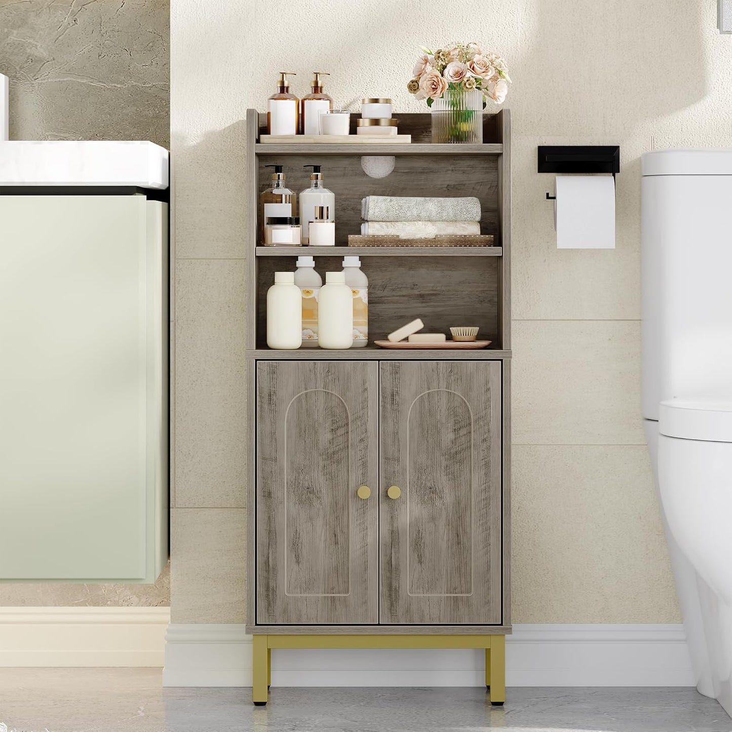Bathroom Storage Cabinet, Small Floor Cabinet with 2 Door and Shelves, Toilet Paper Cabinets, Bathroom Organizer with Adjustable Shelf, for Small Spaces (Modern, White)