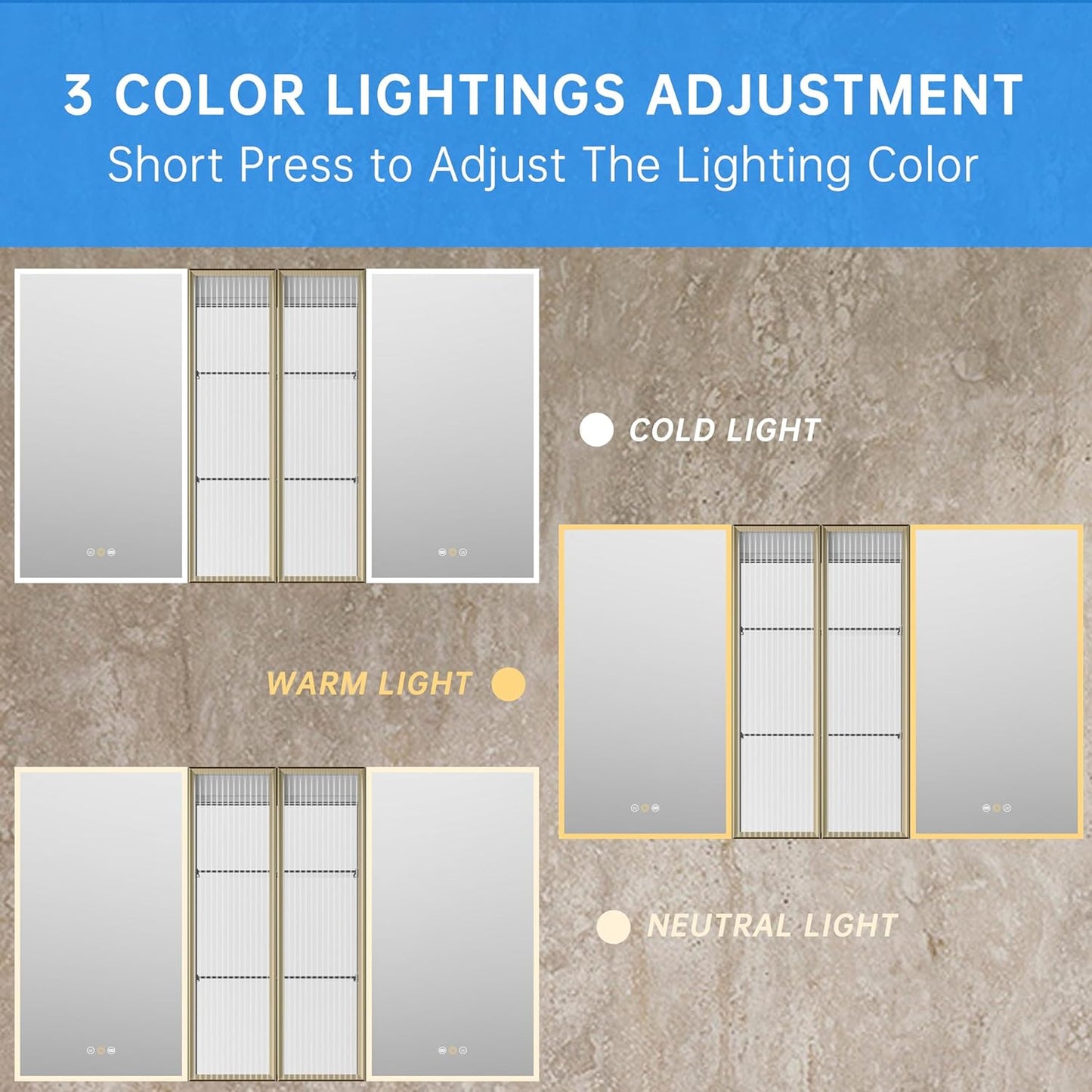 Recessed Medicine Cabinet with Mirror, Medicine Cabinets for Bathroom, 60”W X 36”H, Defogger, Dimmer, Outlets & USB, Four Doors